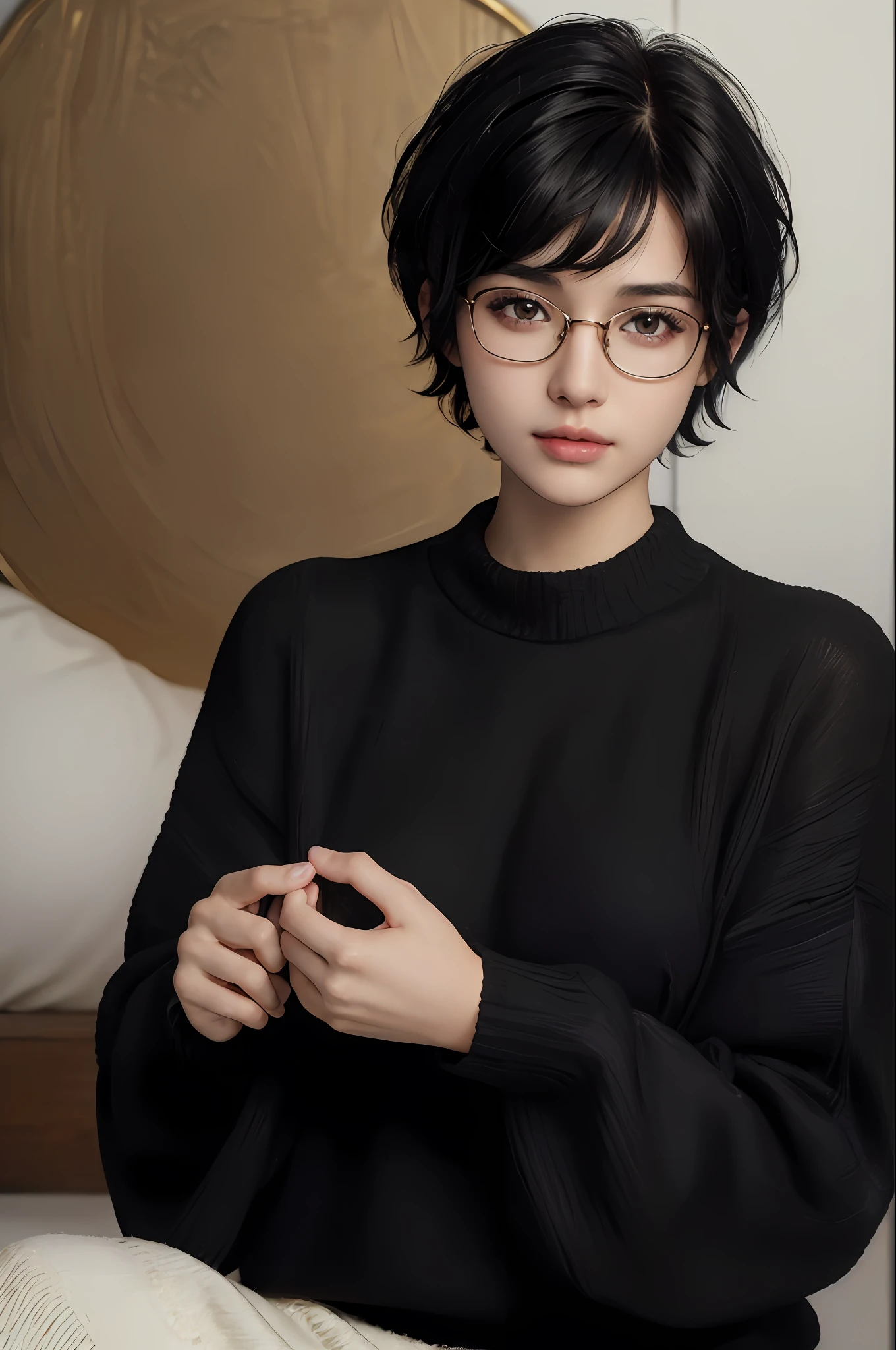 (masterpiece:1.3), (8k, photorealistic, RAW photo, best quality: 1.4), (1girl), beautiful face, (realistic face), (black hair, short hair:1.3), glasses, beautiful hairstyle, realistic eyes, beautiful detailed eyes, (realistic skin), beautiful skin, (sweater), absurdres, attractive, ultra high res, ultra realistic, highly detailed, golden ratio