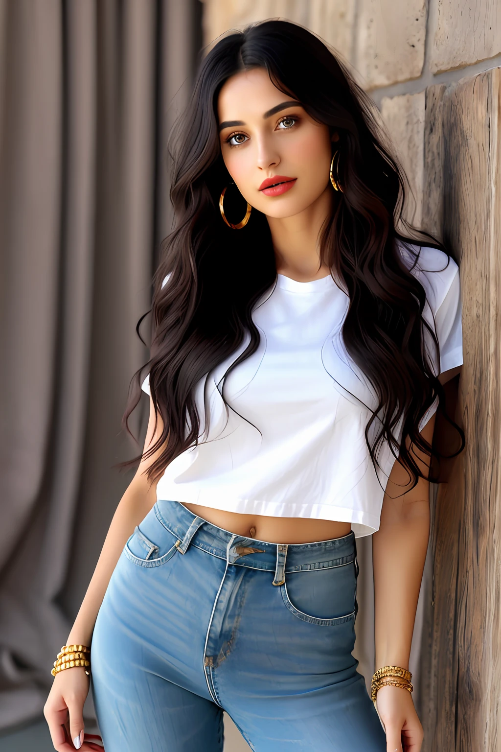 Wavy brown hair, (RAW photo, realism: 1.8), (very dark lip gloss, Red lipstick, many eyelashes, dark black eye shadow, shy, blushing, high quality, high resolution, depth of field, chromatic aberration, caustic, wide light, natural colors, 30 year old woman), Thin neck gold chain, small earrings, gold bracelets, wear many accessories, very soft large breasts, style A good woman, ((Best Quality, 8k, Masterpiece:1.3)), Focus: 1.2, Perfect Body Beauty: 1.4, Arabian 27 years old woman: 1.2, ((Long black Hair)), (White Baggy basic tee-shirt:1.1) , Steel gray tee-shirt, full body length tee-shirt, Dark blue skinny jeans, long torn jeans: 1.1, Highly detailed face and skin texture, Detailed eyes, Double eyelids, toned body, Whitened skin, minor smile, large breasts, toned legs, beautiful detailed feets, High heel's, detailed feets and fingers, whitened skin, detailed eyes and face, middle eastern woman, regular fit basic tee-shirt, simple plain regular fit Tee-shirt, No print on Teeshirt, toned hips, 8K UHD, gold anklets, neck gold chain, fashion model looks, standing in studio shoot, carrying brown leather hand bag, golden wrist watch, bracelet, bangle's open legs style Posing, studio fashion shoot, gray background, white floor, old wood chair, no curtains