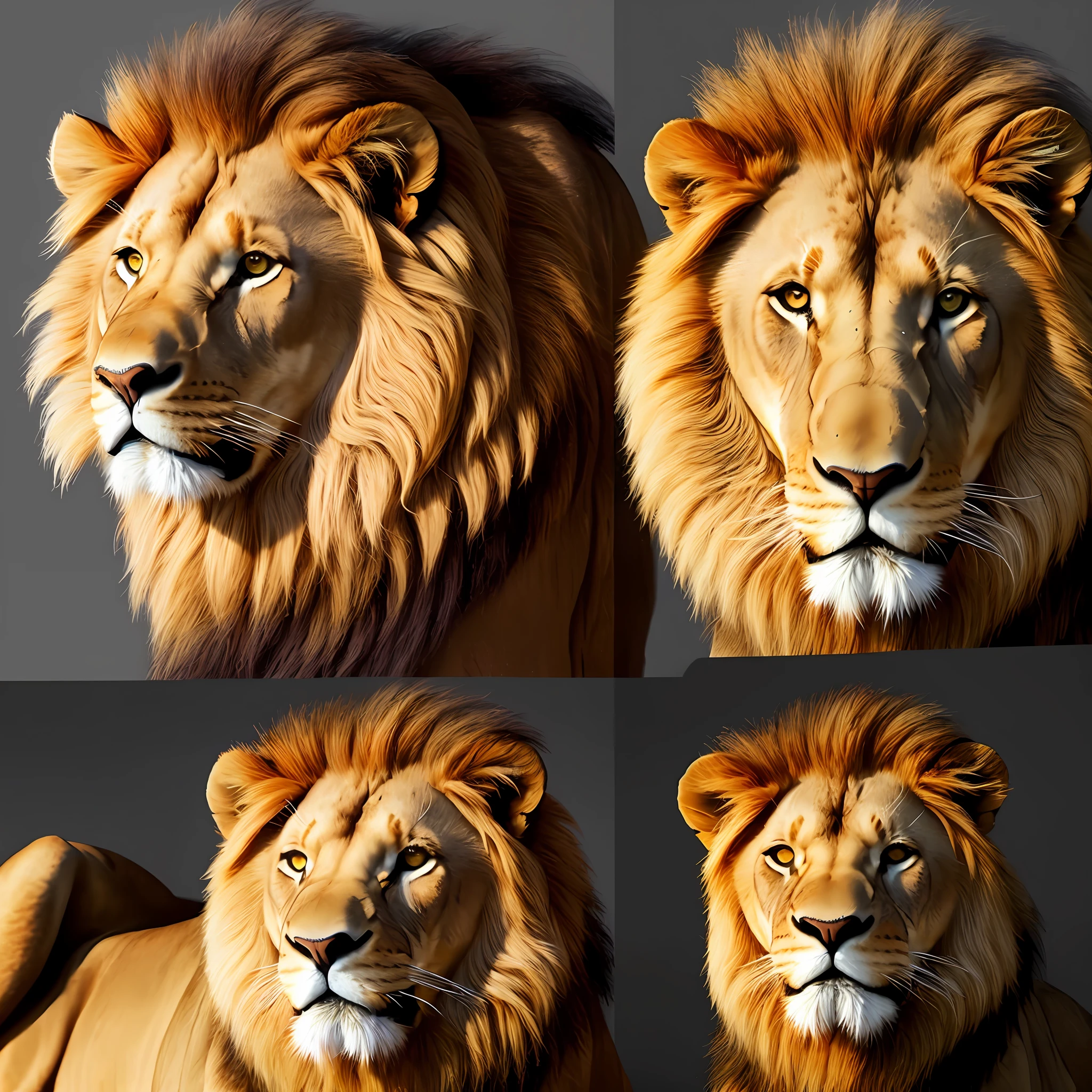 Arafed image of a lion with four different face angles, Realistic. Pelo detalhado, ultra realistic illustration, altamente realista e detalhado, realistic illustration, realista altamente detalhado, ultrarealistic illustration, com o rosto muito detalhado, hiper real altamente detalhado, imagem detalhada fotorrealista, pintura digital altamente detalhada, alta qualidade 3d realista, estilo de pintura realista, hyper realistic illustration