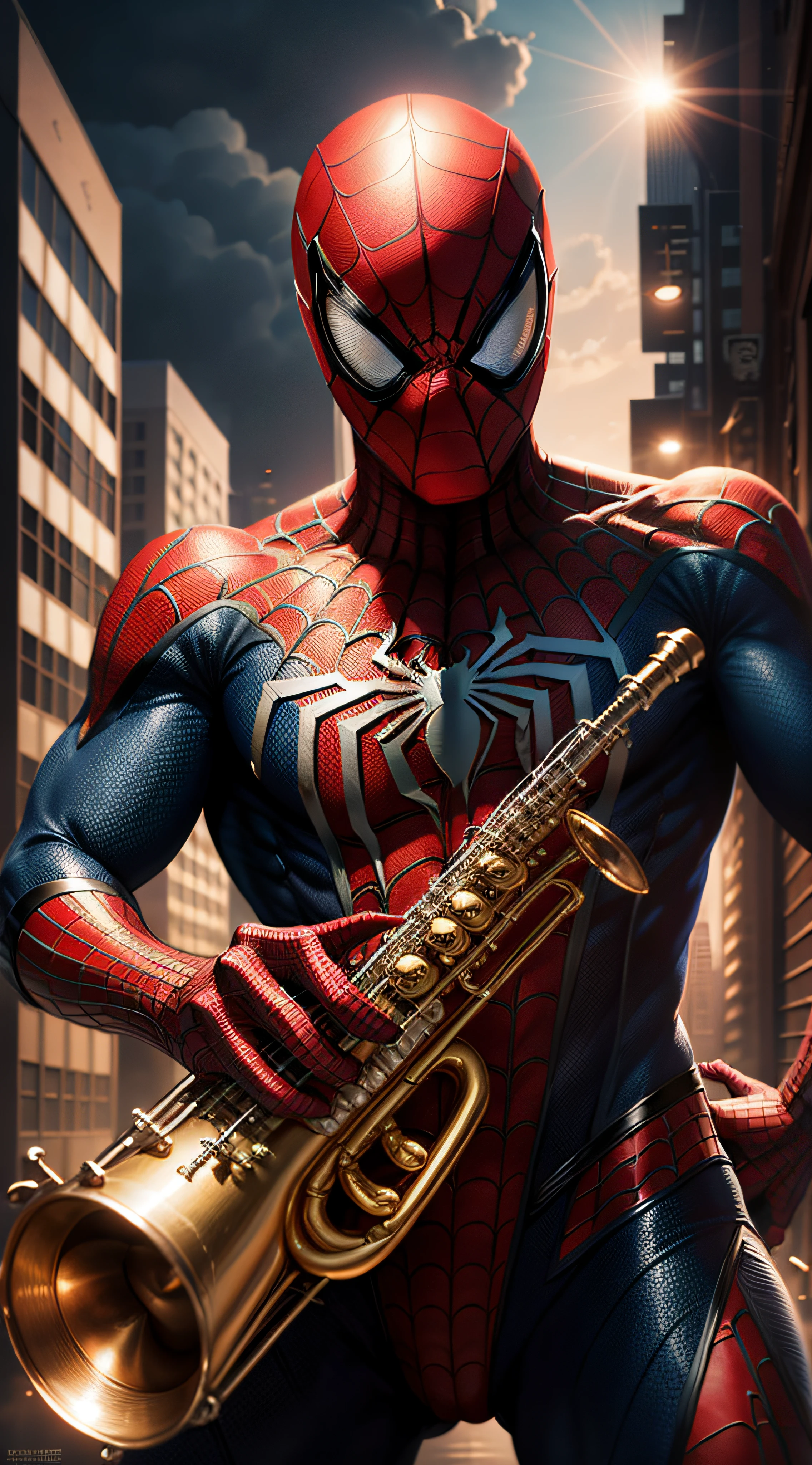 spiderman blows the saxaphone, highly detailed digital artwork, high detailed colors, highly detailed digital art