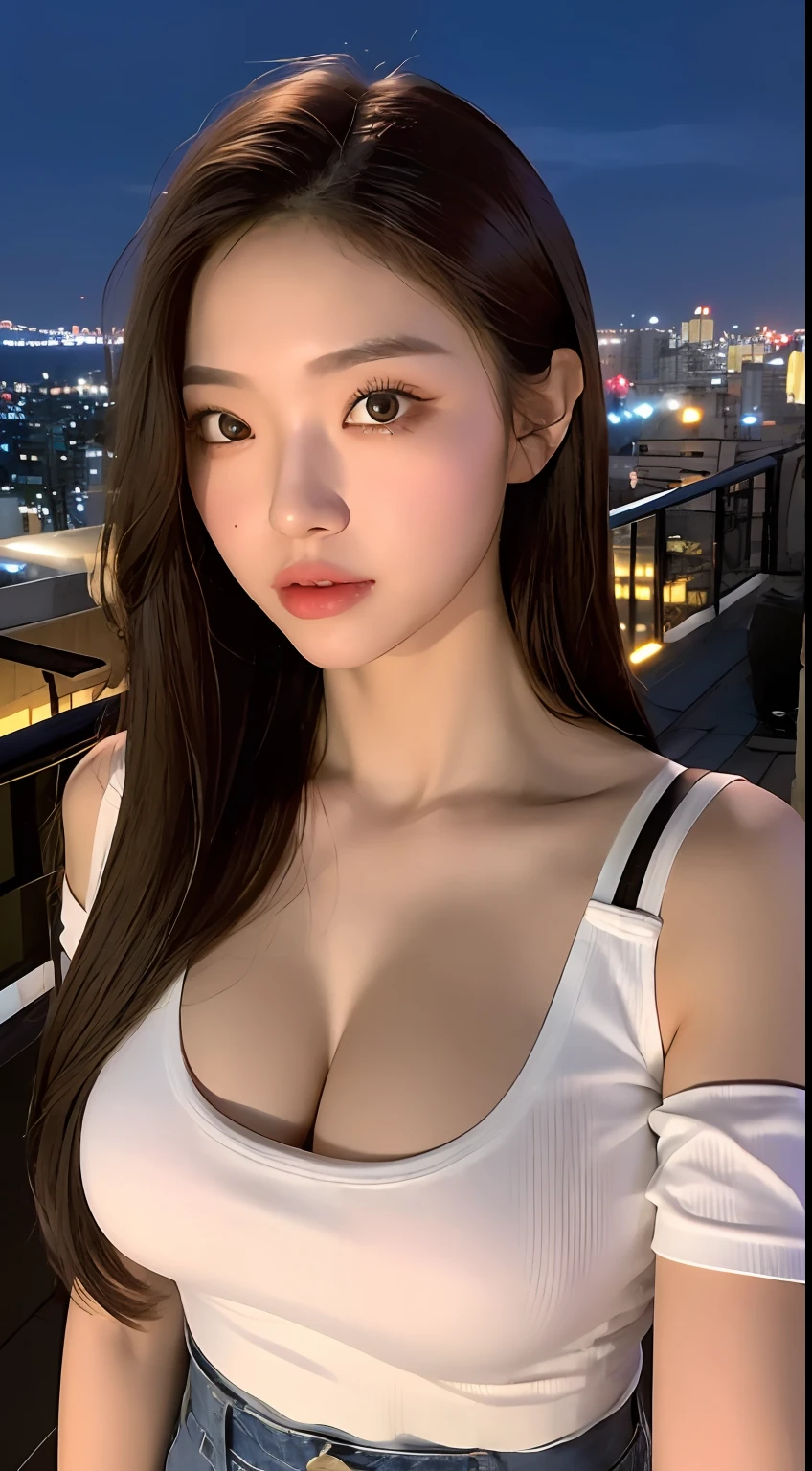 ((Midnight, Best quality, 8k, Masterpiece :1.3)), Whole body, Long legs, Sharp focus :1.2, A pretty woman with perfect figure :1.4, Slender abs :1.1, ((Dark brown hair, Big breasts :1.2)), (White tight tshirt, Jean bib, Standing:1.2), ((Night city view, Rooftop:1.3)), Highly detailed face and skin texture, Detailed eyes, Double eyelid, sunset, darken, backlit, off shoulder