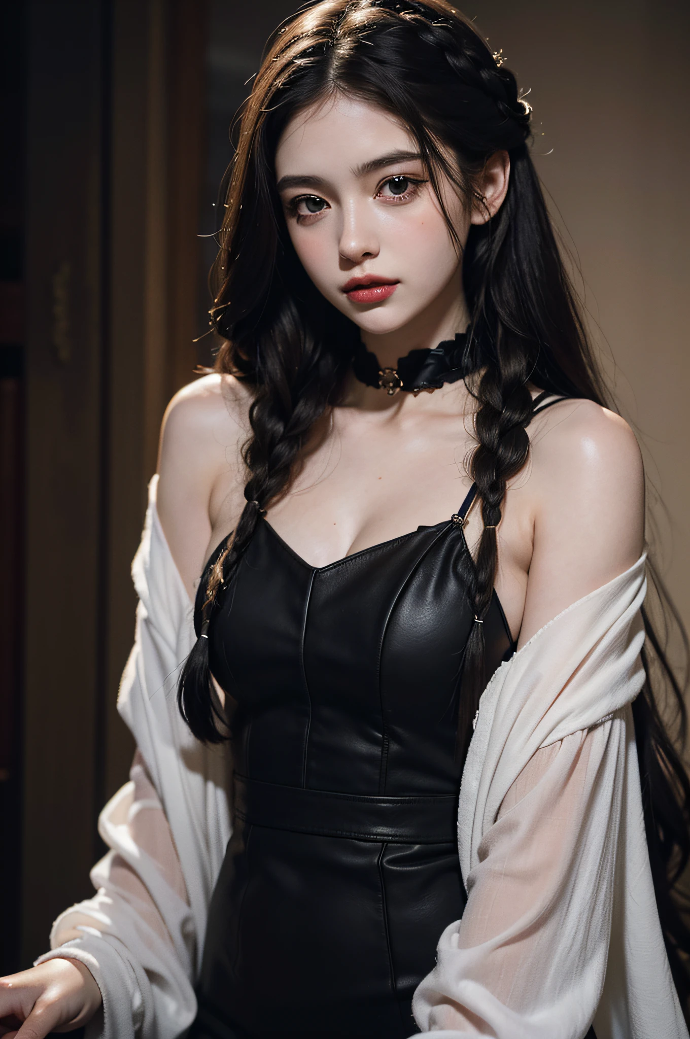 (RAW photo, best quality), ((Nostalgia,1980s syle)),(A girl with a literary atmosphere:1.2),(realistic, photo-realistic:1.3), (long wavy hair with braids), choker,very pale skin,Ultra Detailed Face, Detailed Lips, black lipstick, Fine Eyes, double eyelids, tight goth clothes, extremely delicate and beautiful, Amazing, finely detail, masterpiece, ultra-detailed, highres,best illustration, best shadow,intricate,depth of field,(closeup portrait of a young beautiful woman:1.2),long hair,messy hair,((((low key,dark scene,dimly lit)))),(((soft lighting:1.4))),(pale skin:1.4),(shy smile),(cinematic angle),sharp focus, volumetric fog, 8k UHD, DSLR, high quality,( film grain:1.4), Fujifilm XT3,(looking at viewer), pale skin