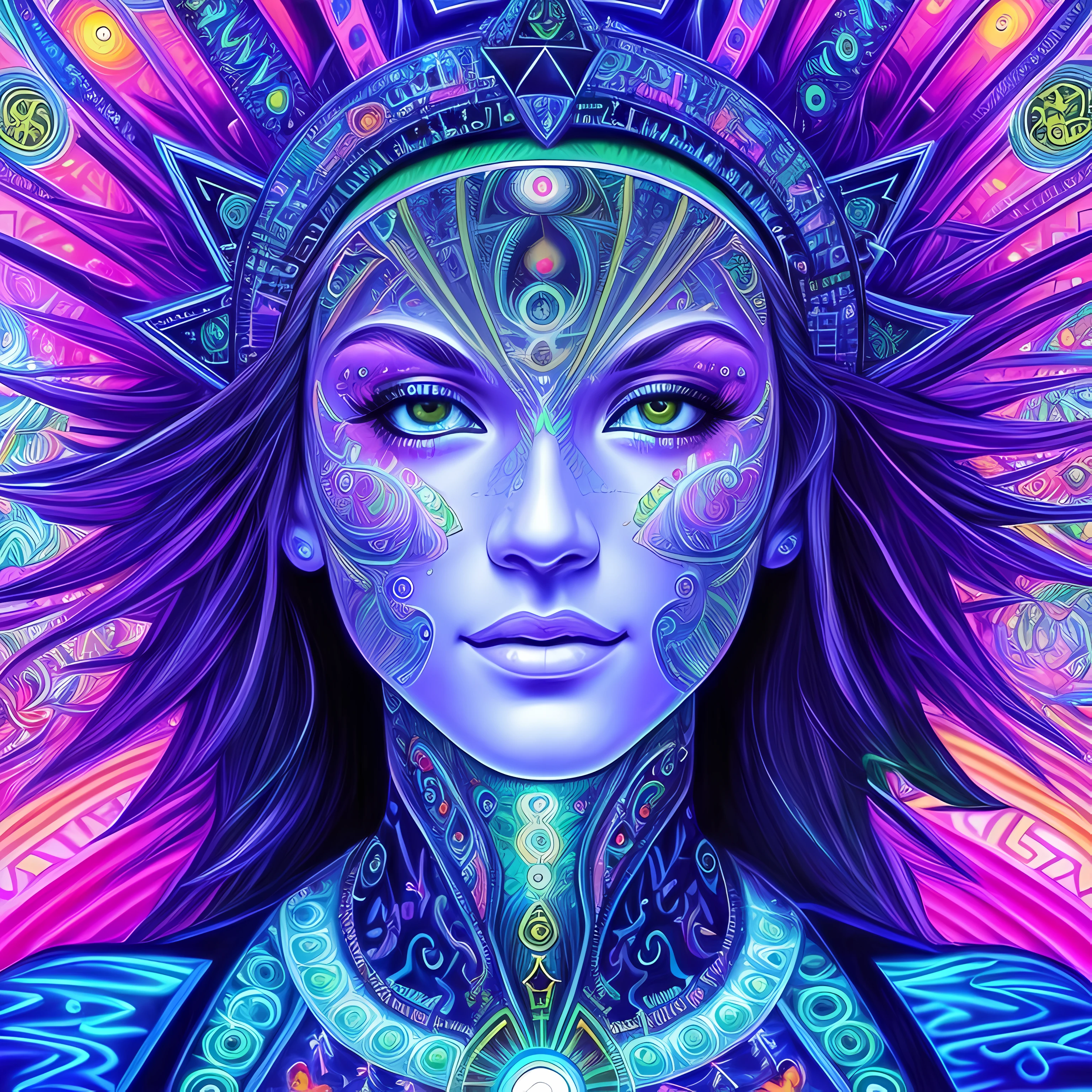 a closeup of a face with bright eyes and a bright head, terceiro olho brilhante, psytrance, arte psytrance, rosto azul brilhante, enlightenment tripping on dmt, detailed glowing head, canalizando a energia do terceiro olho, Estilo de Alex Grey, aura de poder. circunstanciado, psychedelic organic cyborg, bright electric aura, Alex Grey Arte, Estilo Alex Grey, psychedelic dmt