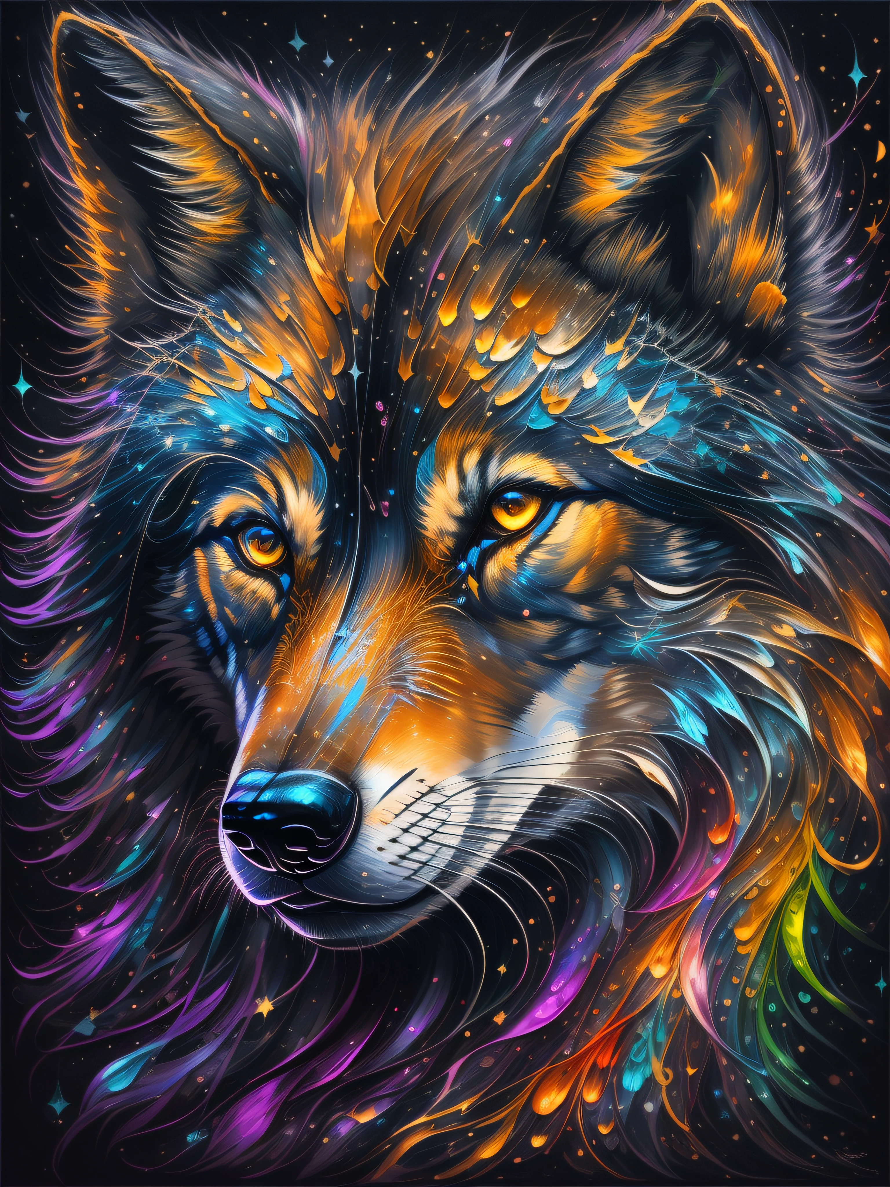 A painting of a colorful wolf on a black background,, breathtaking rendering, dans une connexion rayonnante, inspired by Kinuko Y. Trade,, Magical elements, Kitten icon, pleurage, est magnifique, lancer un sort multicolore, Flash lumineux, Flash