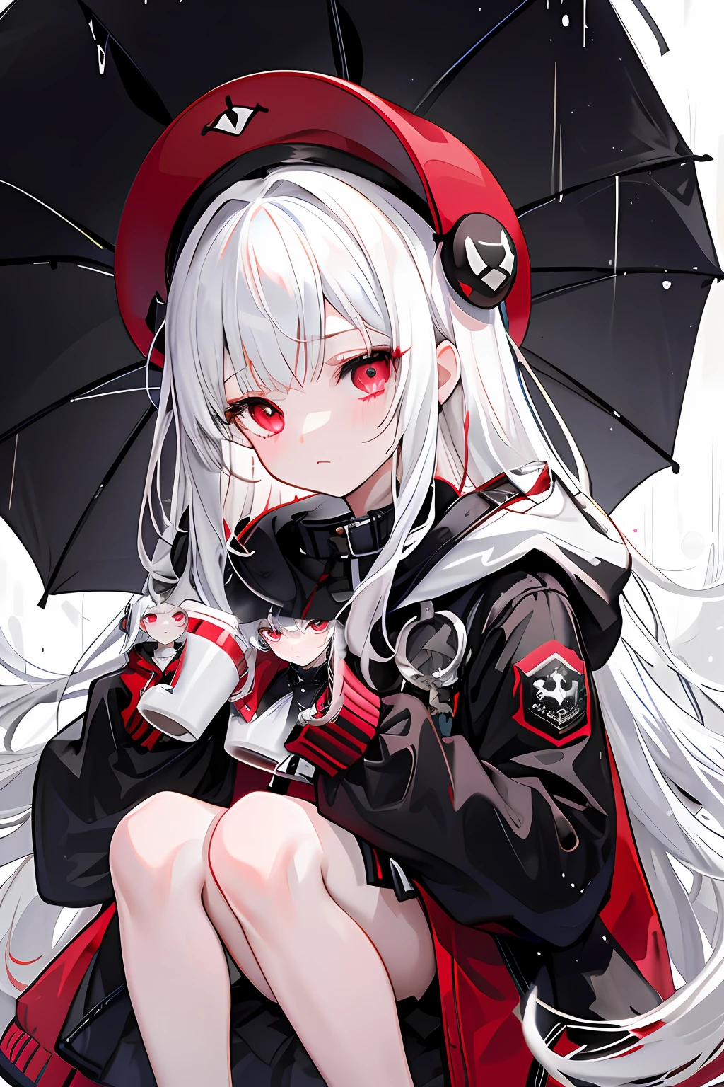 s girl,adolable,Beth,White color hair,red color eyes,(full bodyesbian)(Dark wind)Depressive,Unhappy,(In the rain)overcast day,low head(Sad)black and red jacket,Booties,Black hat,(Milk tea in one hand)Head down and drink)(frontage)(I want to cry)