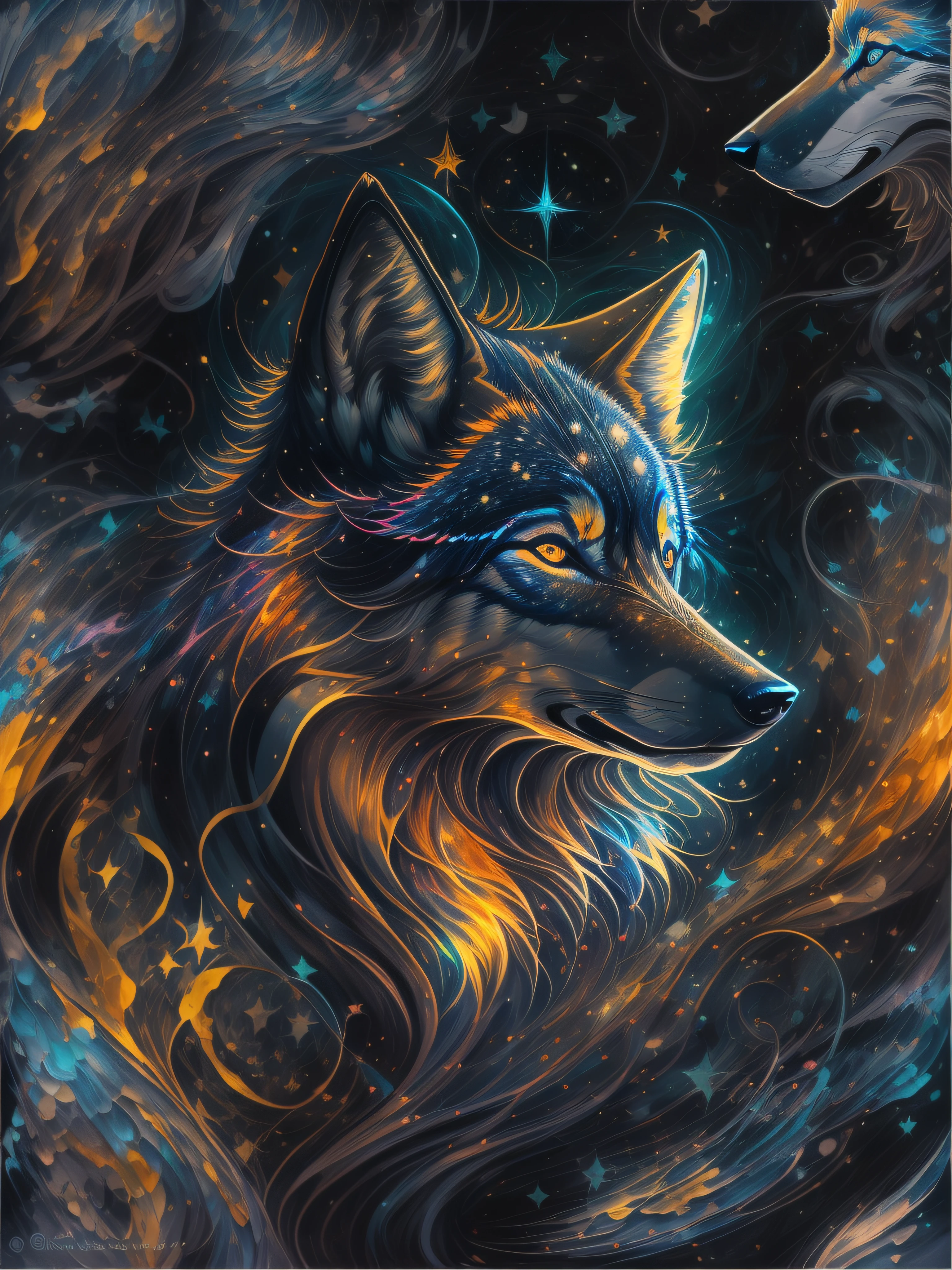 A painting of a colorful wolf on a black background,, breathtaking rendering, dans une connexion rayonnante, inspired by Kinuko Y. Trade,, Magical elements, Kitten icon, pleurage, est magnifique, lancer un sort multicolore, Flash lumineux, Flash