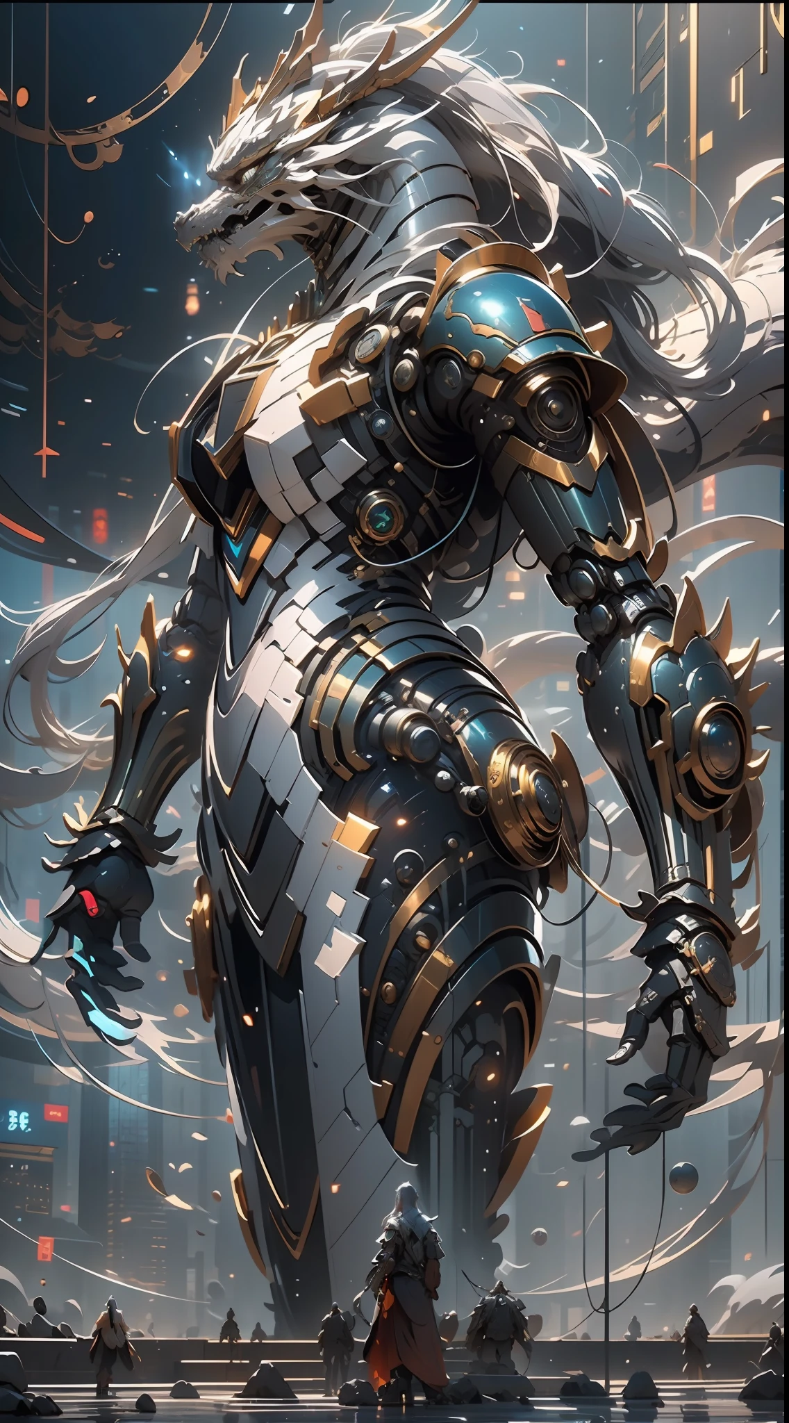 （（best qualtiy））， （（tmasterpiece））， （The is very detailed：1.3）， 3D，Perfect facial features，delicated face，In Cyberpunk World，（（（A girl in mechanical armor））），holding futuristic weapons，Stand ahead，（（（Behind her was a medium-sized armored mech））），（（（At the end, there is a super giant mecha Oriental Dragon））），hdr（HighDynamicRange），Ray traching，NVIDIA RTX，Hyper-Resolution，Unreal 5，sub surface scattering，PBR textures，Post-processing，Anisotropic filtering，depth of fields，Maximum clarity and sharpness，Many-Layer Textures，Albedo e mapas Speculares，Surface coloring，Accurately simulate light-material interactions，perfectly proportions，rendering by octane，twotonelighting，Low ISO，White balance，trichotomy，Wide aperture，8K raw data，High-Efficiency Sub-Pixel，sub-pixel convolution，Luminous Particle，