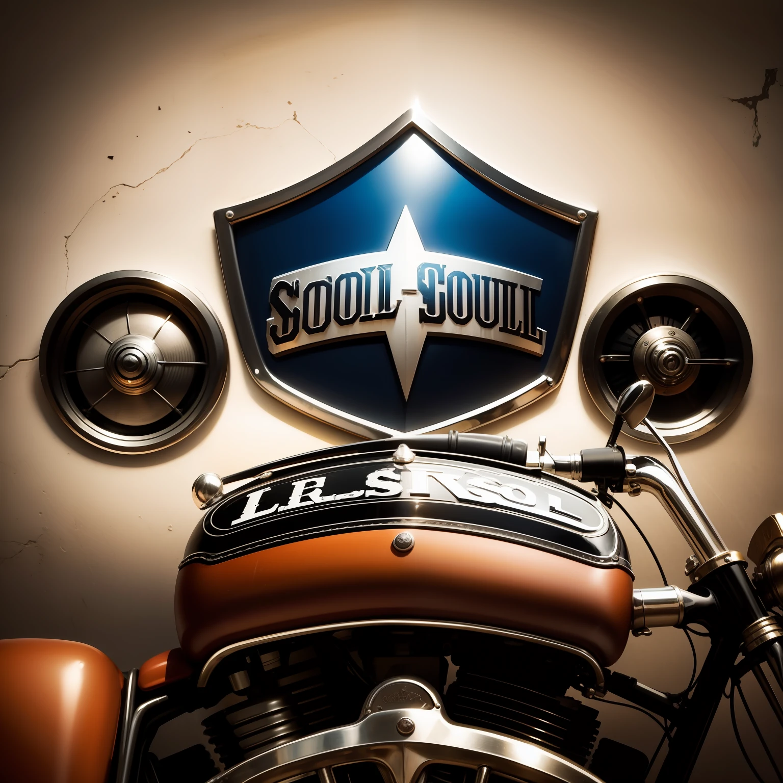 Logo for social network with name "Old Soul Rider" que combina o aspecto vintage e "old school" with the essence of custom motorcycling, harley davidson, Classic bikes and western elements, baralho, bandeira quadriculada
