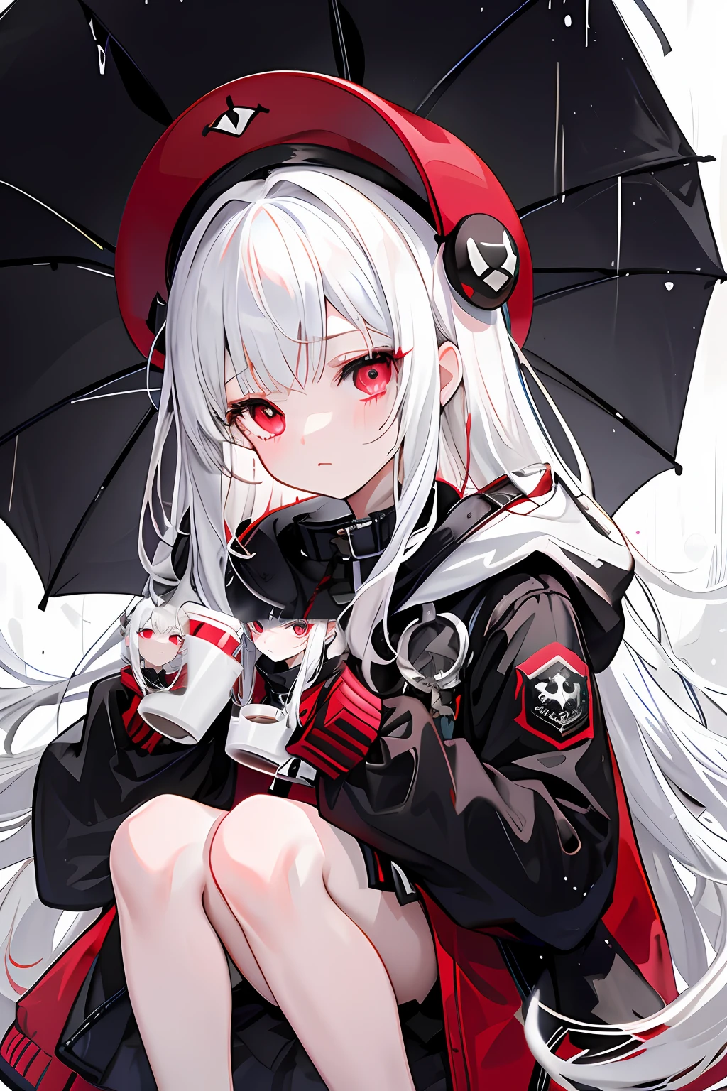 teens girl，adolable，Beth，White color hair，red color eyes，（full bodyesbian）（Dark wind）Depressive，Unhappy，（In the rain）overcast day，low head（Sad）black and red jacket，Booties，Black hat，（Milk tea in one hand）Head down and drink）（frontage）（I want to cry）