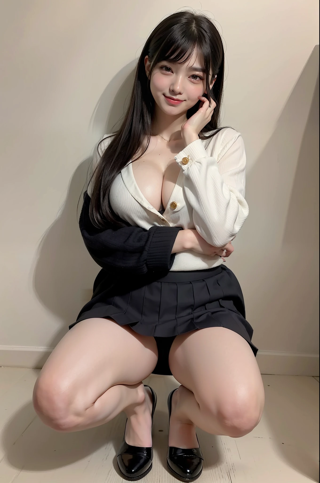 Photo Real、photoRealstic hairstyle on、A dark-haired、Pure black hair、with a edgHimeCut hairstyle、Pattsun bangs、Wide range of tactile sensations Narrow-eyed、Very narrowed eyes、Red eyeshadow、Dark eyeshadow、heavy eye makeup、drooing eyes、Squint and smile、A smile that almost closes your eyelids、Plump cheeks、with round face、cute little、Puffy cheeks Revealing clothing、Flashy clothes、Pretty clothes、Beautiful skin、skinny body、Very soft thighs、a short skirt、Black skirt、White panties hi-school girl、、full body Esbian、Boldly crouching pose