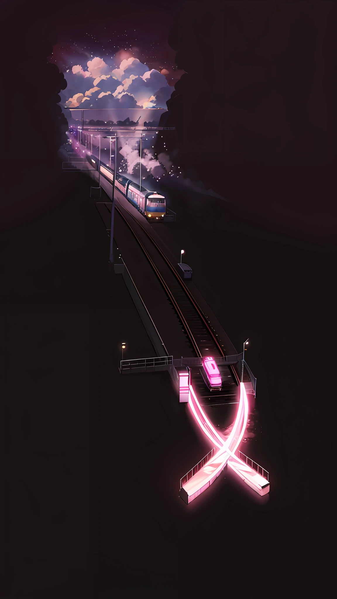 Anime scene with train passing under pink and purple sky, anime drawing by Makoto Shinkai, trending on pixiv, magic realism, beautiful anime scene, cosmic sky. by makoto shinkai, ( ( makoto shinkai ) ), by makoto shinkai, anime background art, makoto shinkai style. Detail enhancement, perfect detail processing.