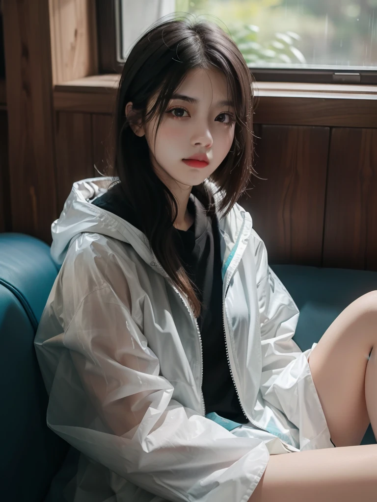 A dark-haired girl in a raincoat,Look at the camera evilly,sitting in the couch,best qualtiy, tmasterpiece, 超高分辨率, (realisticlying:1.5), RAW photogr, 1girll