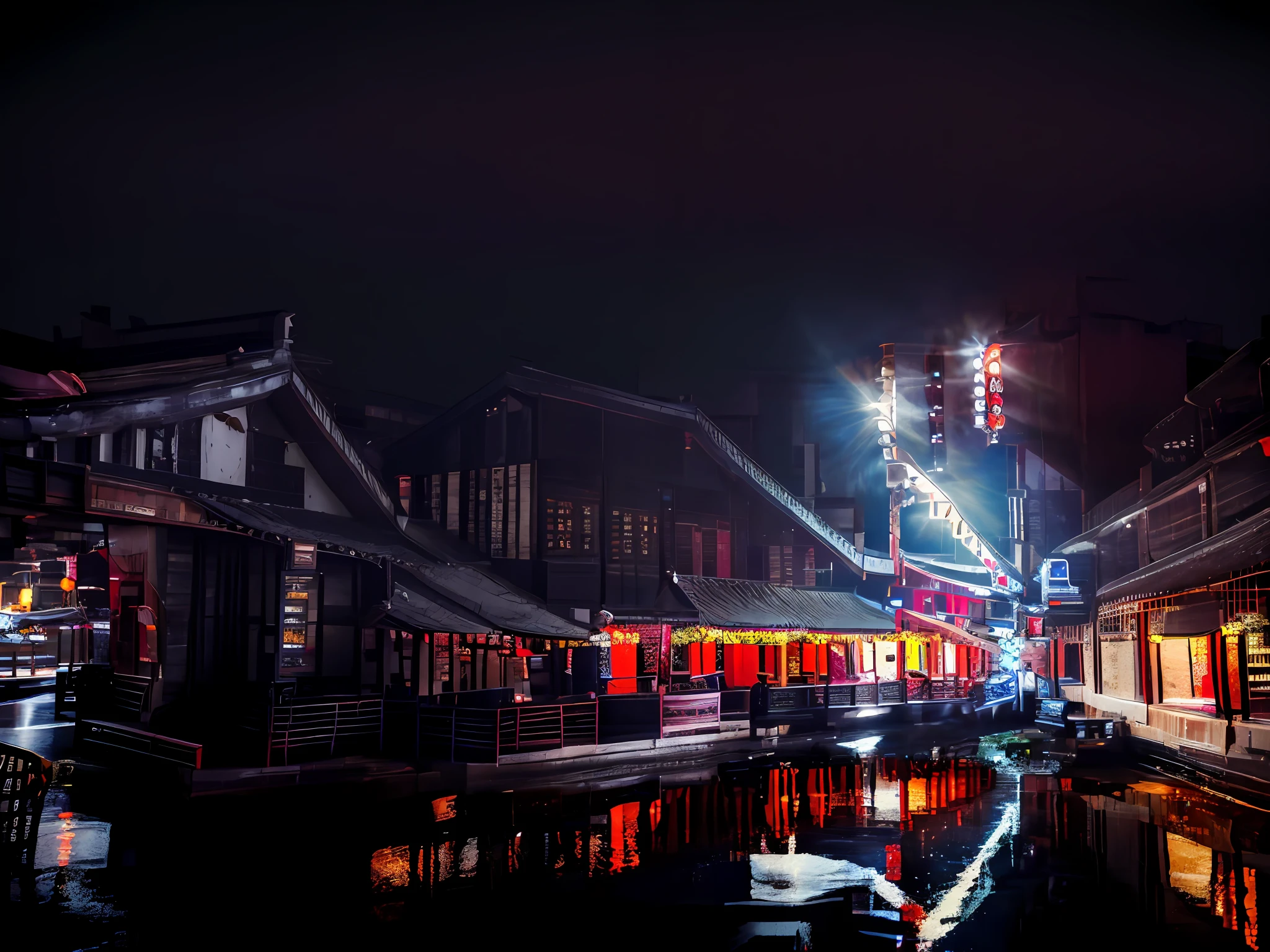 There are many buildings and street lights in the street at night, in city street at night, taken with sigma 2 0 mm f 1. 4, dreamy Chinese towns, in a street at night, in the night time, is night，Rained, during night, with glowing lights at night, Street at night, At night, china town blade runner