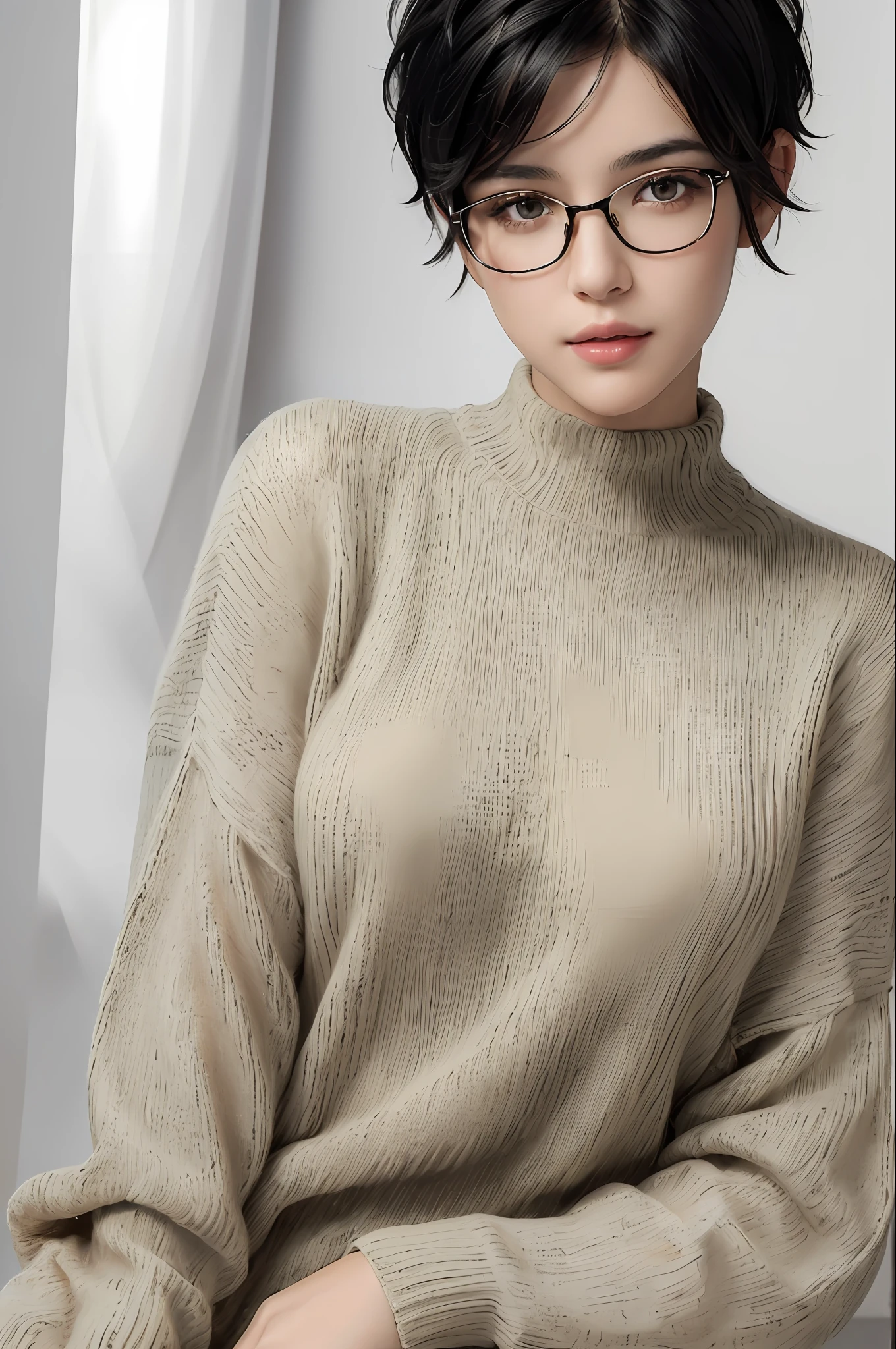 (masterpiece:1.3), (8k, photorealistic, RAW photo, best quality: 1.4), (1girl), beautiful face, (realistic face), (black hair, short hair:1.3), glasses, beautiful hairstyle, realistic eyes, beautiful detailed eyes, (realistic skin), beautiful skin, (sweater), absurdres, attractive, ultra high res, ultra realistic, highly detailed, golden ratio