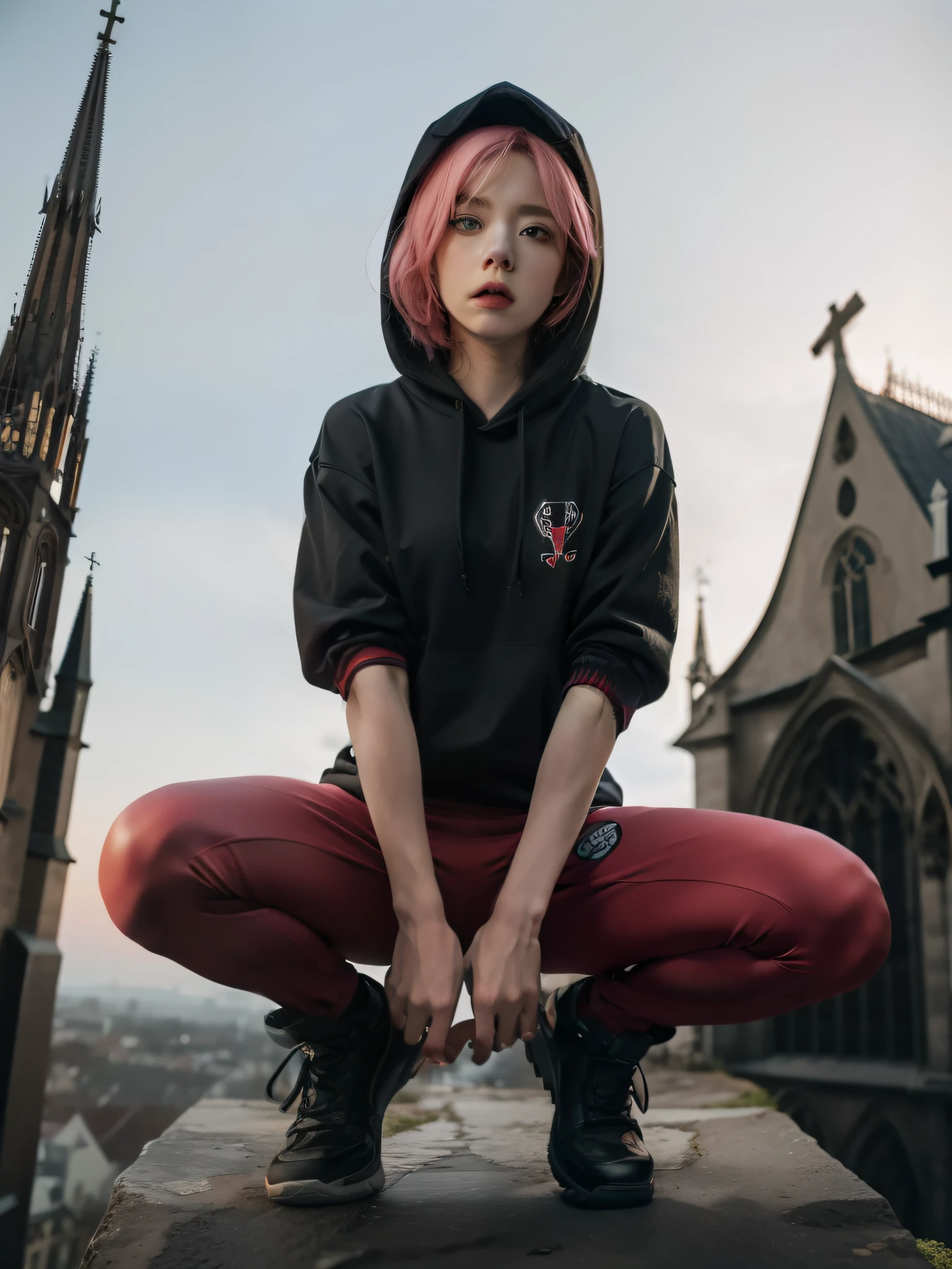 Spider-Man Gwen,Wearing a pink Spider-Man tight-fitting hoodie,Stand on top of a Gothic church,,Look at the camera evilly,best qualtiy, tmasterpiece, 超高分辨率, (realisticlying:1.5), RAW photogr, 1girll