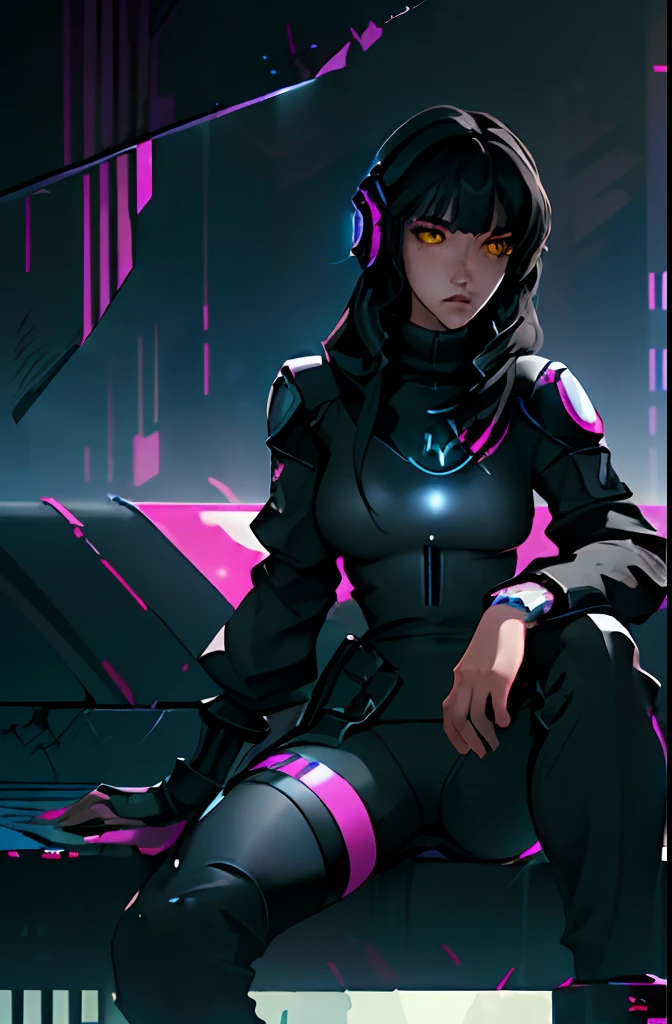 (beste-Qualit, tmasterpiece), a 1girl, ciberpunk, long black hair, beveled bangs, yellow eyes, on roof, luna, Cloud, upper-body, Sits, Cyberpunk Apparel, black tight suit with cyberpunk headset and tactical gear