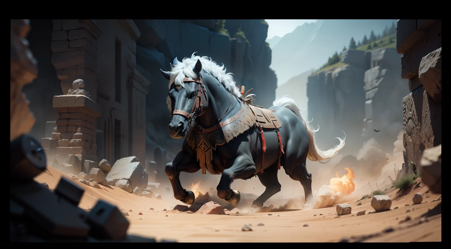 Ancient war scenes, Cinema lenses, cinematic lighting, anaglyph, film grain, Eye-Level Shot, first-person view, Hyperrealism, UHD, retina