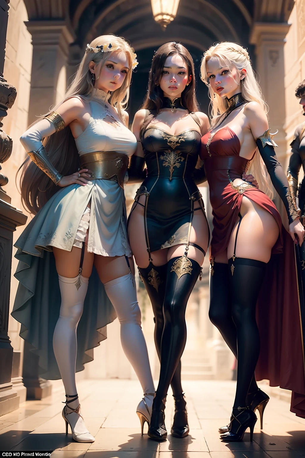 multiple sexy girls warriors armed with weapones wearing dresses and stockings fights to protect and guards princess in bride dress who's in trouble, full body shot, show full body from head to toes, only females on the picture, inside palace background, white and even teeth