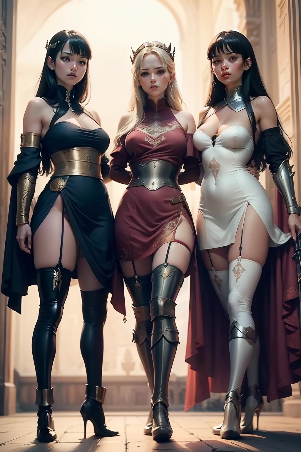 multiple sexy girls warriors armed with weapones wearing dresses and stockings fights to protect and guards princess in bride dress who's in trouble, full body shot, show full body from head to toes, only females on the picture, inside palace background, white and even teeth