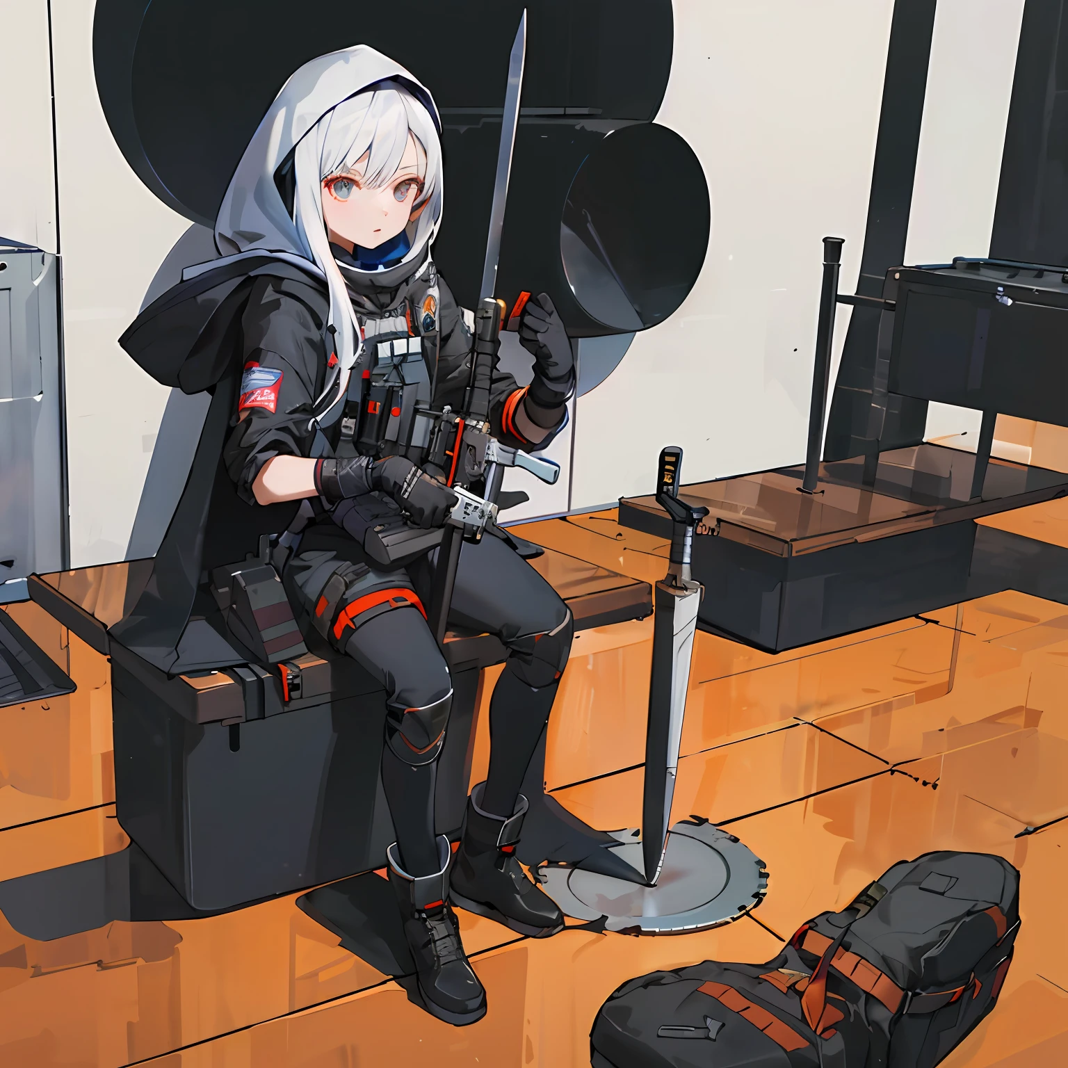 Lady Lady,white color hair,Long straight hair,red color eyes,Officer uniform,Sniper rifle on the back,With a pistol in his hand,Rank of captain