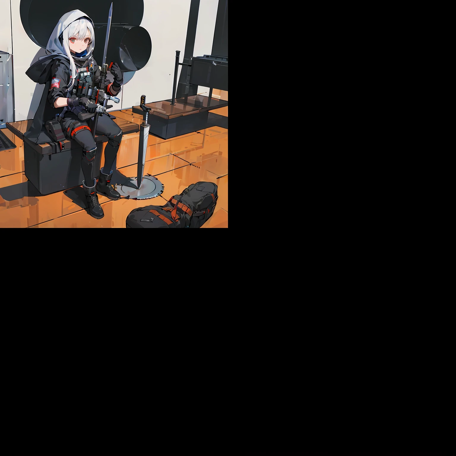Lady Lady,white color hair,Long straight hair,red color eyes,Officer uniform,Sniper rifle on the back,With a pistol in his hand,Rank of captain
