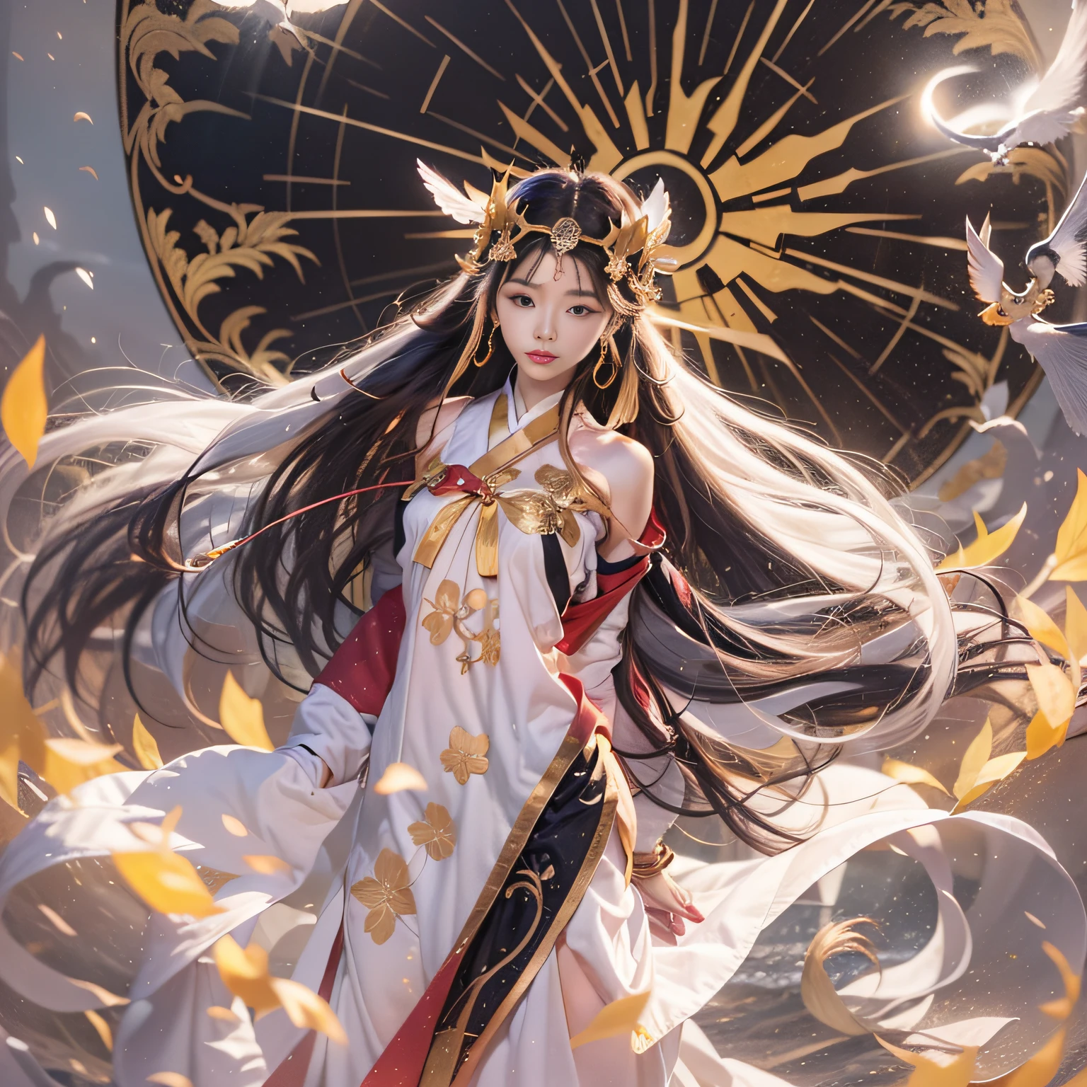 Beautiful fantastic empress shape woman on sun background,Female figure in white dress and crown,Depicting the figure of a beautiful Japan goddess, Black hair shining like the sun,(Amaterasu, sun goddess),the sailor galaxia. Beautiful,The image of the goddess of ancient Japan,Mythical photos on the theme of the sun goddess or the earth goddess,Onmyoji, goddess of lightning,Young Goddess,(small tits), sun goddess, Photoquality,A detailed face,A detailed face,Majestic Sun,Tsurime,Ears of rice in the ground,
