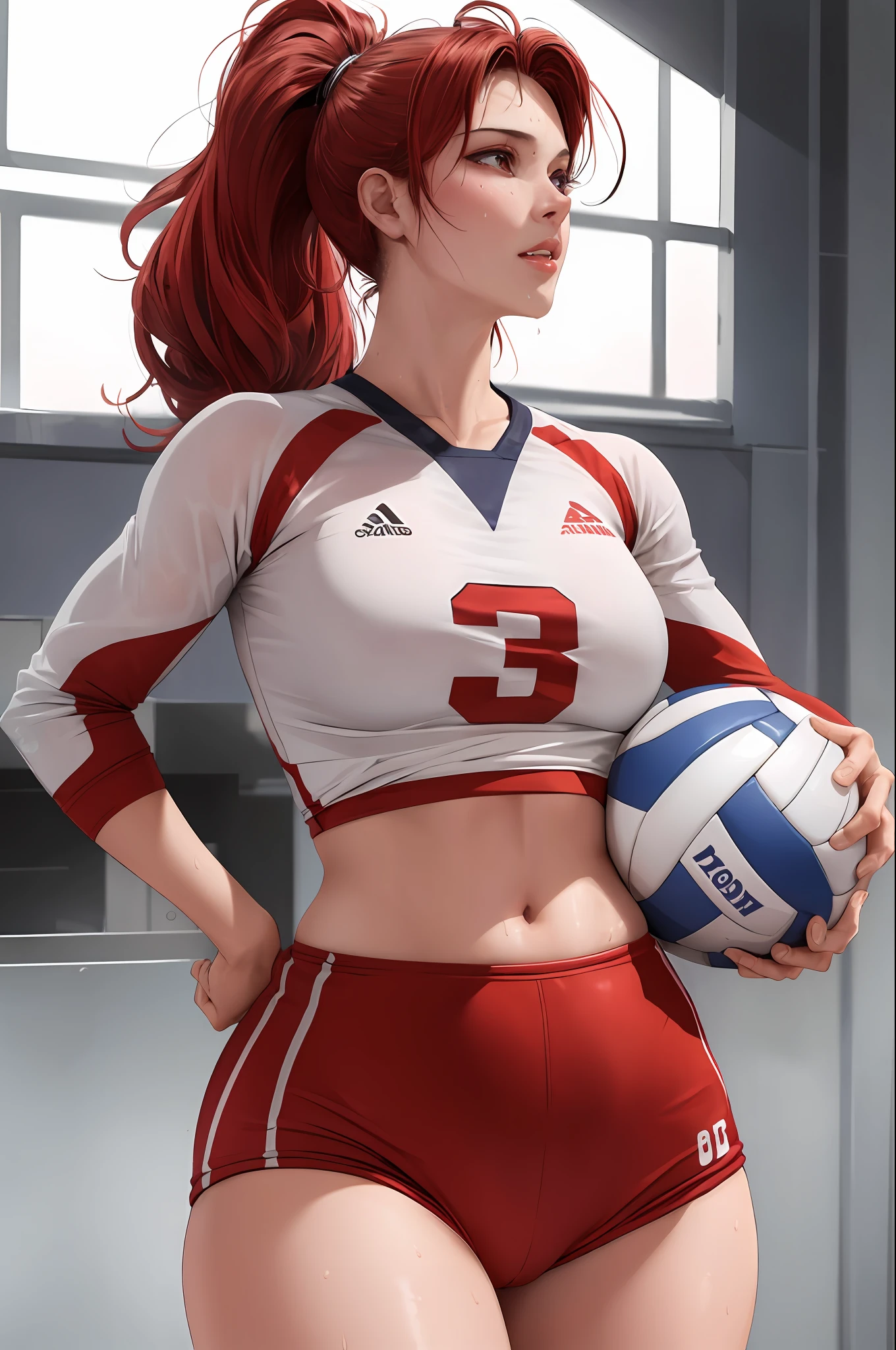 masterpiece:1.2, best quality), realistic, (real picture, intricate details, depth of field), (1girl, solo), make up, parted lips, highly-detailed, perfect face,
(big breasts:1.2), (skindentation), thick thighs, wide hips, small waist, tall, glossy coral lips,
red hairs, red eyes, ponytail,
(A girl playing volleyball, white volleyball uniform), (sweating:1.2), (wet), sexy, blushing,