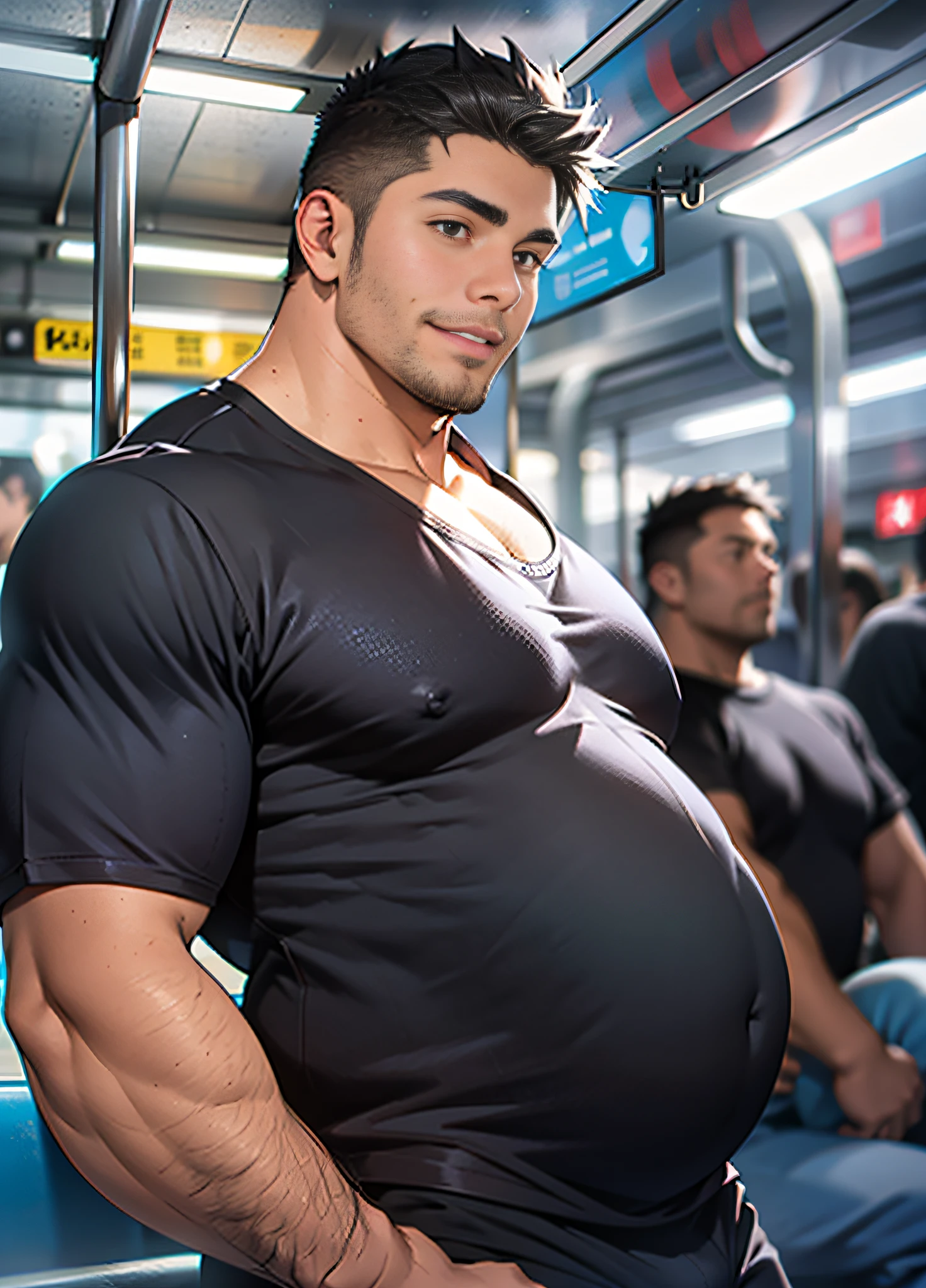 young face, thin face, Sharp Facial, Black hair, 1Boy, dark brown eyes, beardless, Black tight shirt, Best Quality, Sitting on the subway, fat belly, fat, Tight breasts, Men's breasts, from Sideview, black shirts, sweatshirt, huge thighs, huge brown nipple, thick arms, thick legs, huge body, Huge fat, photograph realistic, Masterpiece, male, Side part hair, strong, (Pectoralis major: 1.2), Smile, Best Quality, 8K, OriginalPhoto, realisitic, high resolucion, The ultra-detailliert, film lighting, film grain, chromatic aberration, tits huge, Dynamic Angle, Details Finger, Big bulge, huge bulge, tight bulge, black swim brief