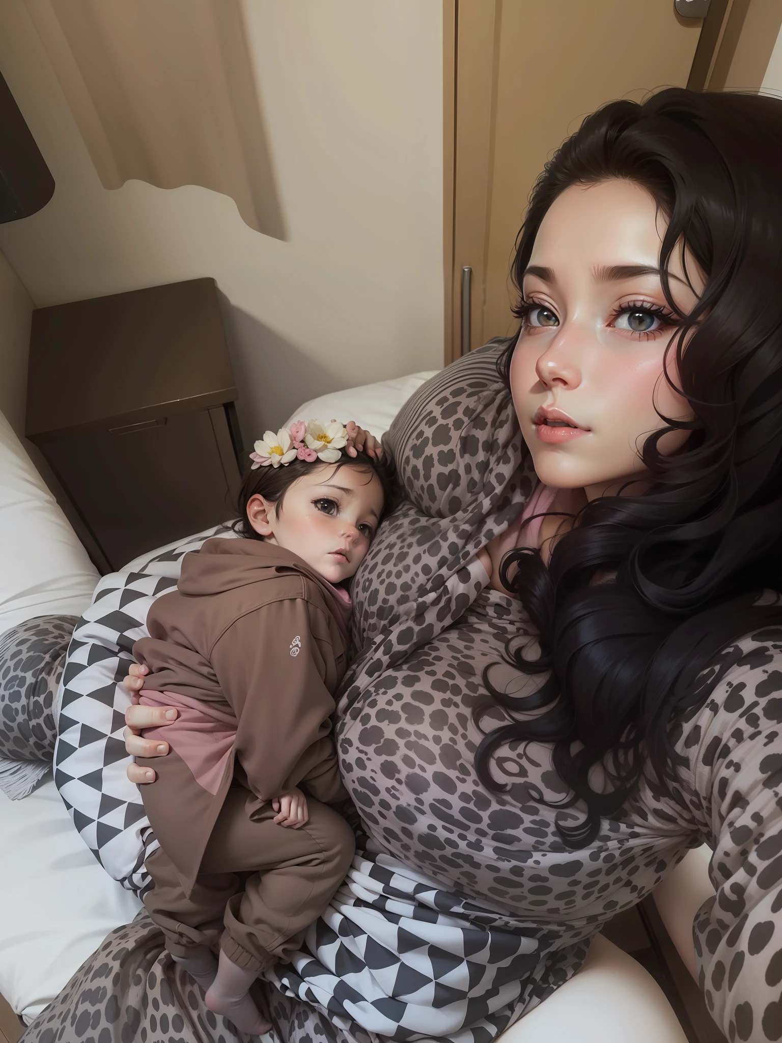 An anime version of the original image, A mother and a baby. Mantem os cabelos cacheados, e melhorar os detalhes, bringing the anime version as close as possible to the original image, The mother's face is the same shape as the original pink