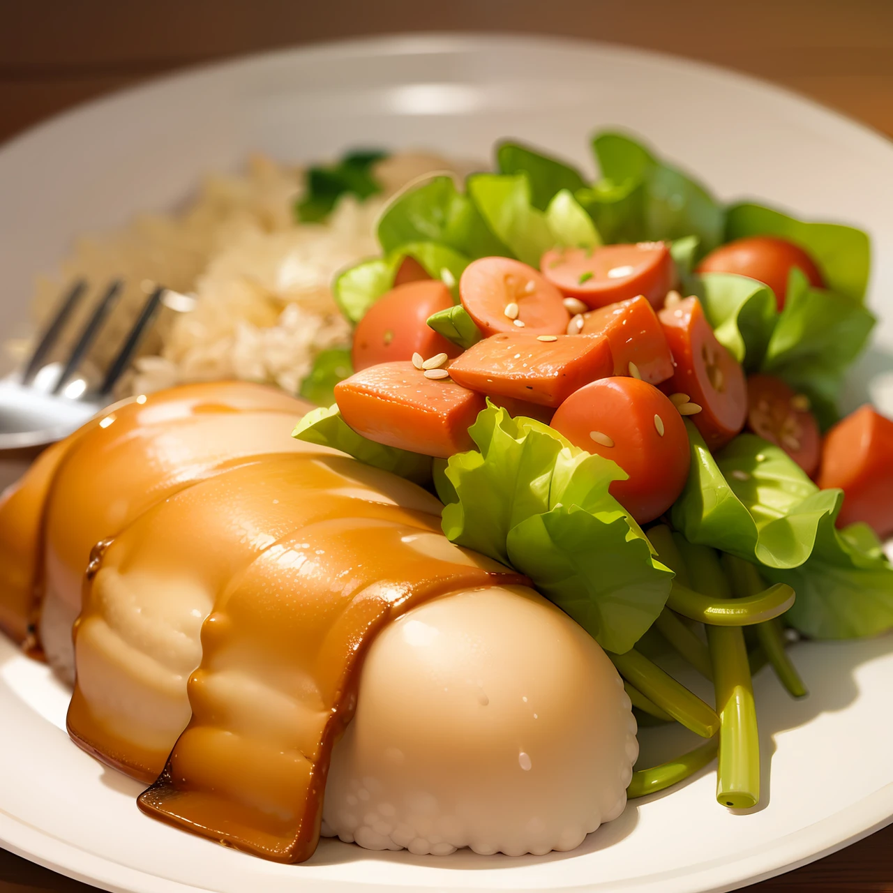 Food: rice, beans, salad and chicken