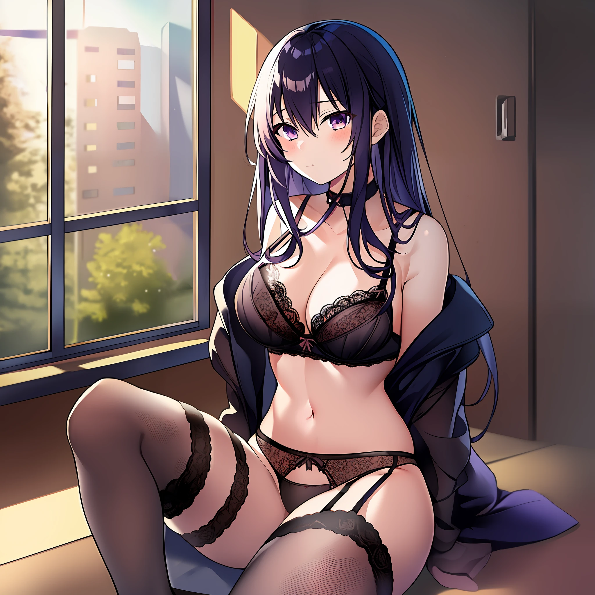 masterpiece,1girl,tohka_yatogami, solo, best quality, black bra, black panties, nsfw, cleavage, lace trim, garter straps, black thighhighs, classroom, sitting, look at viewer, lingerie,
