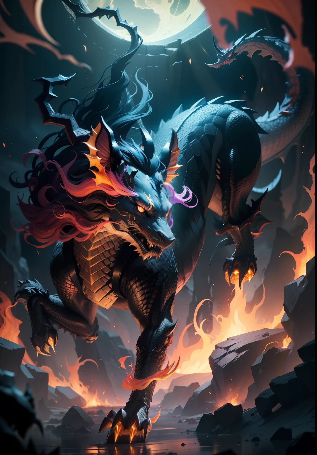 Black mythical beast，Kylin，faucet，Dragon's horn，Sharp teeth are exposed，The body of a lion，It is covered with scales，dragon claw，The tail of the cow，rich details​，Flames erupted from the eyes，real photograph