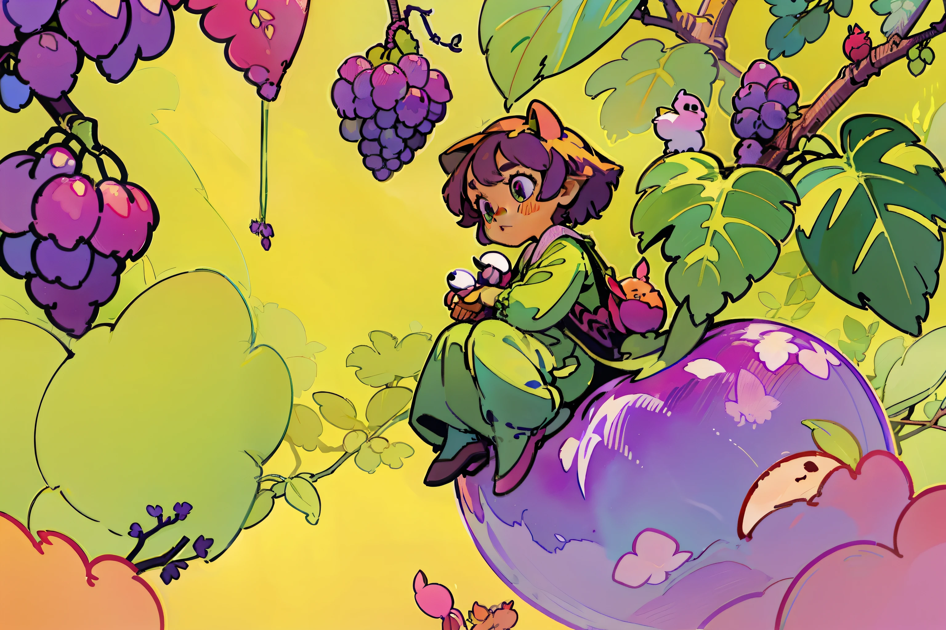 A *********** sits on a leaf，bright，Lots of grapes and leaves around，blossoms，Small animals，purpleish color，green color，in pink，Panorama composition，Cartoony，Q version，simple line，the watercolor style