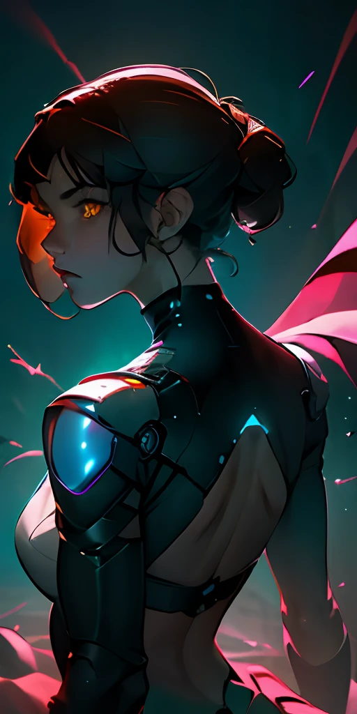(beste-Qualit, tmasterpiece), a 1girl, ciberpunk, particle, the wind, looks at the viewer, back light, upper-body, the pose, dark hair and yellow eyes