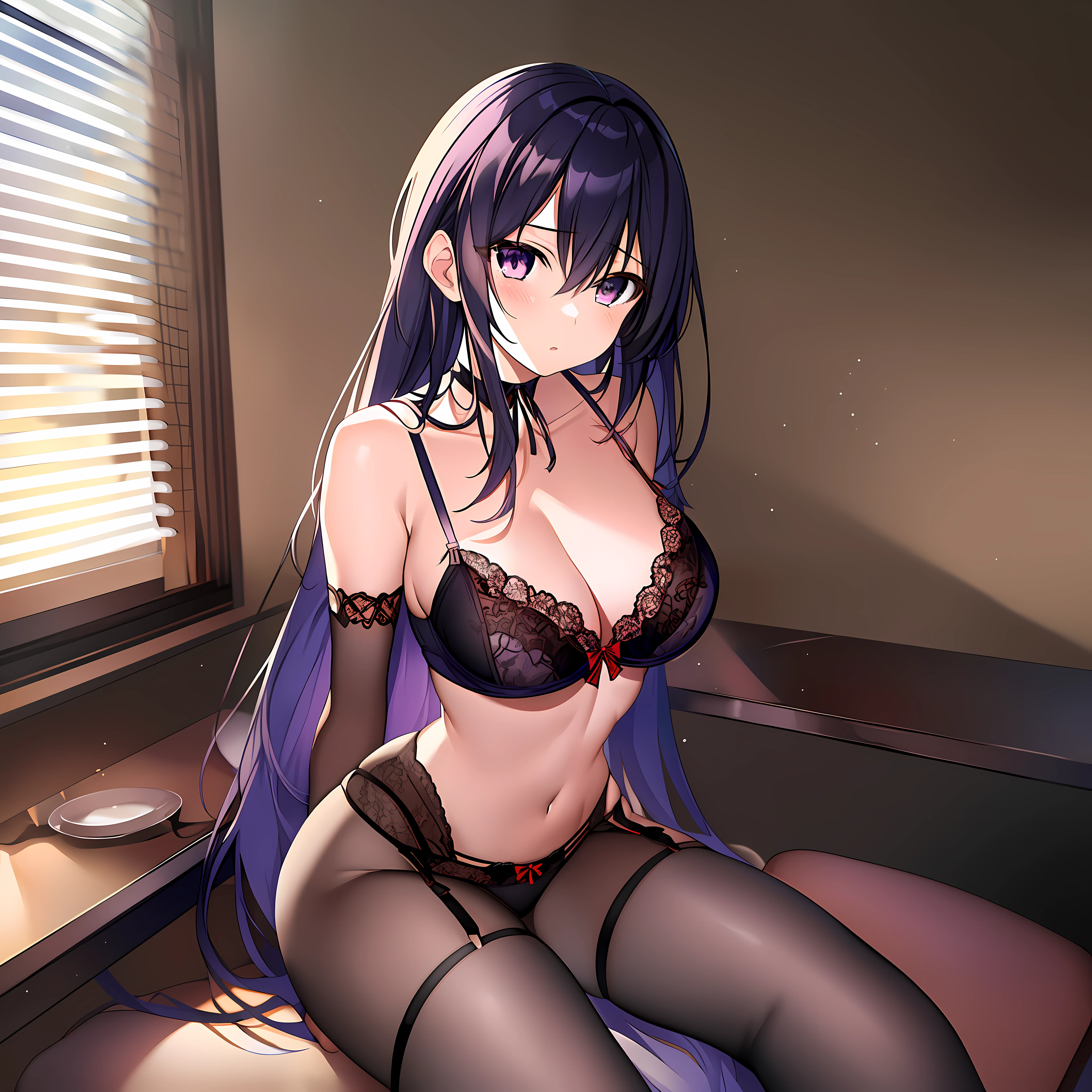 masterpiece,1girl,tohka_yatogami, solo, best quality, black bra, black panties, nsfw, cleavage, lace trim, garter straps, black thighhighs, classroom, sitting, look at viewer, lingerie,
