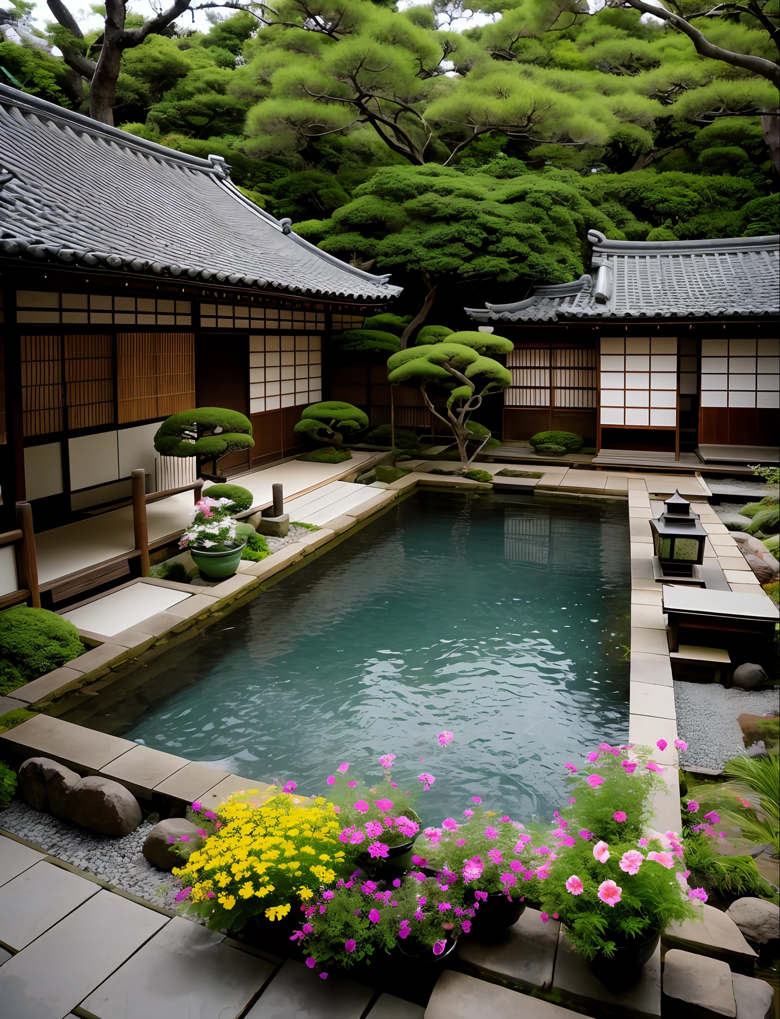 RAW photos， 8K  UHD， digital SLR camera， gentlesoftlighting， high high quality， filmgrain， 富士XT3，There are a lot of potted flowers in the yard of the house, Japanese style houses, cozy and peaceful atmosphere, ryokans and edo era houses, Japanese style, serene evening atmosphere, Japanese village, !!Beautiful!!, external view, quiet and serene atmosphere, As night fell, stunning images, above lush garden and hot spring, Beautiful image, with a fishpond and courtyard