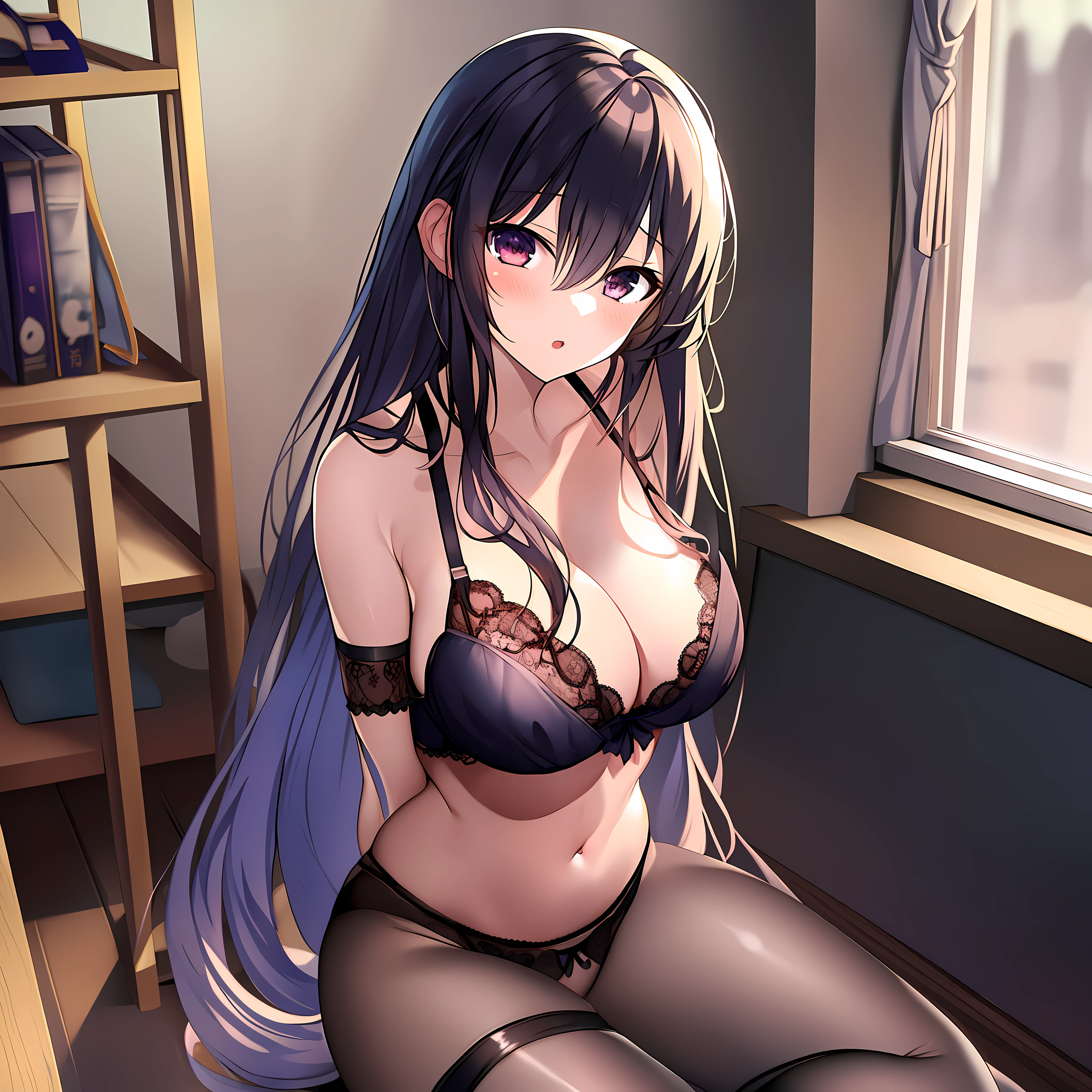 masterpiece,1girl,tohka_yatogami, solo, best quality, black bra, black panties, nsfw, cleavage, lace trim, garter straps, black thighhighs, classroom, sitting, look at viewer, lingerie,