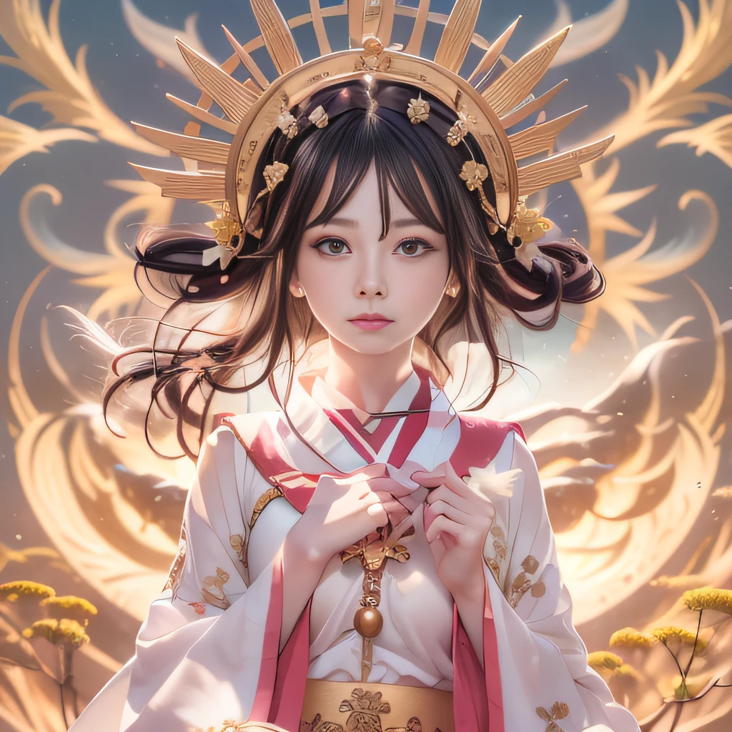 Beautiful fantastic empress shape woman on sun background,Female figure in white dress and crown,Depicting the figure of a beautiful Japan goddess, Black hair shining like the sun,(Amaterasu, sun goddess),the sailor galaxia. Beautiful,The image of the goddess of ancient Japan,Mythical photos on the theme of the sun goddess or the earth goddess,Onmyoji, goddess of lightning,Young Goddess,(small tits), sun goddess, Photoquality,A detailed face,A detailed face,Majestic Sun,Tsurime,Ears of rice in the ground,