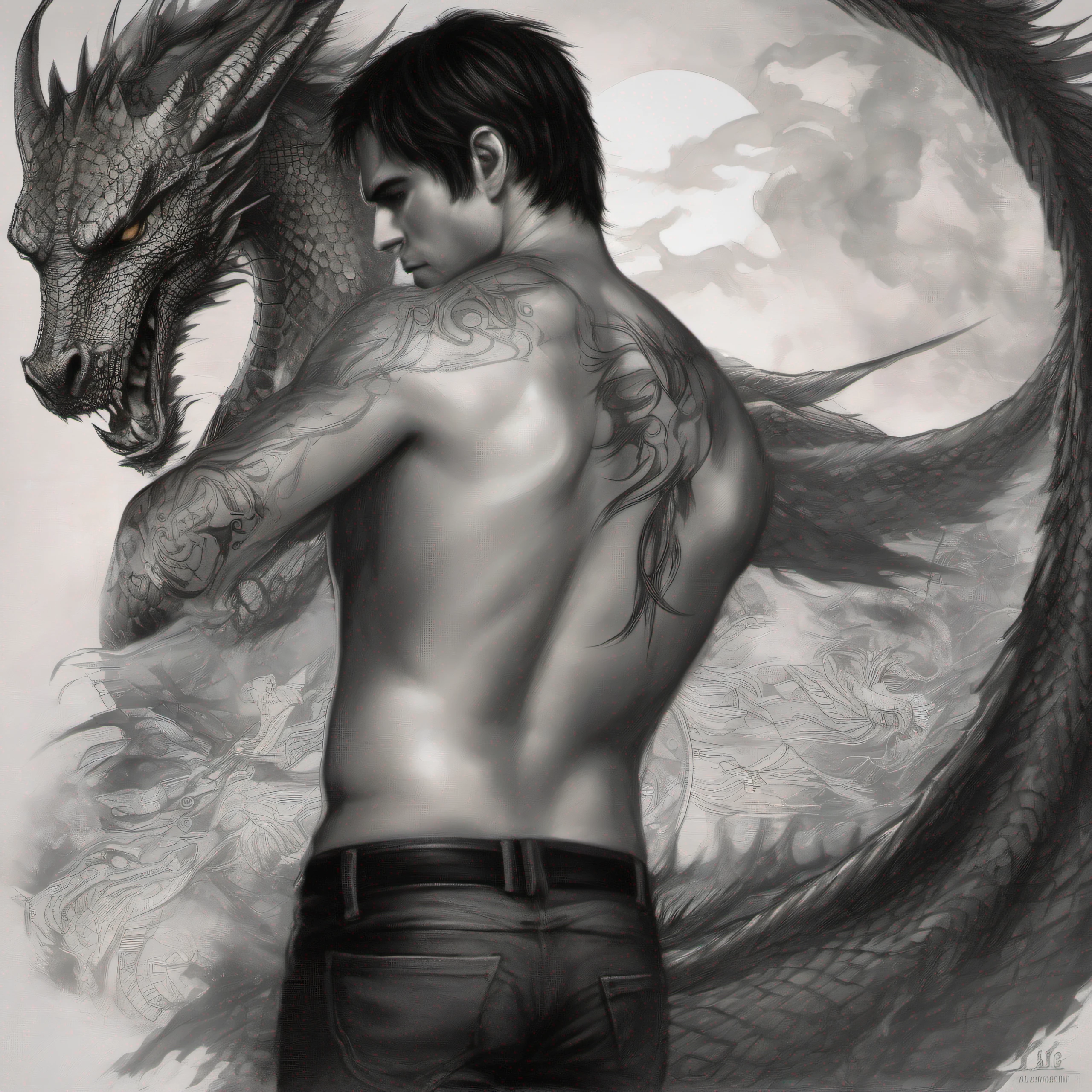 Damon Salvatore on his back with a dragon tattoo on his back