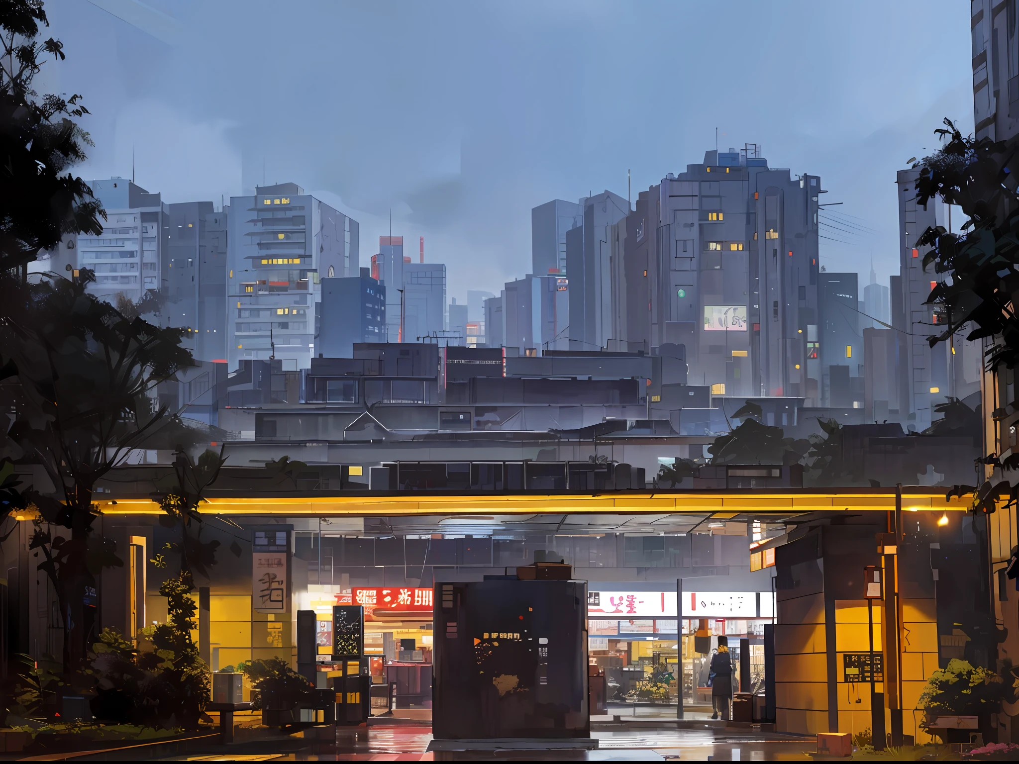 night time view of a city with a lot of tall buildings, author:Li Tiefu, artwork of a hong kong street, feng zhu |, realistic painting of a complex, author:Shitao, hyperrealistic matte painting, in a tropical and dystopic city, hyper realistic cyberpunk city, realistic matte painting, modern city scape, By Fei Danxu