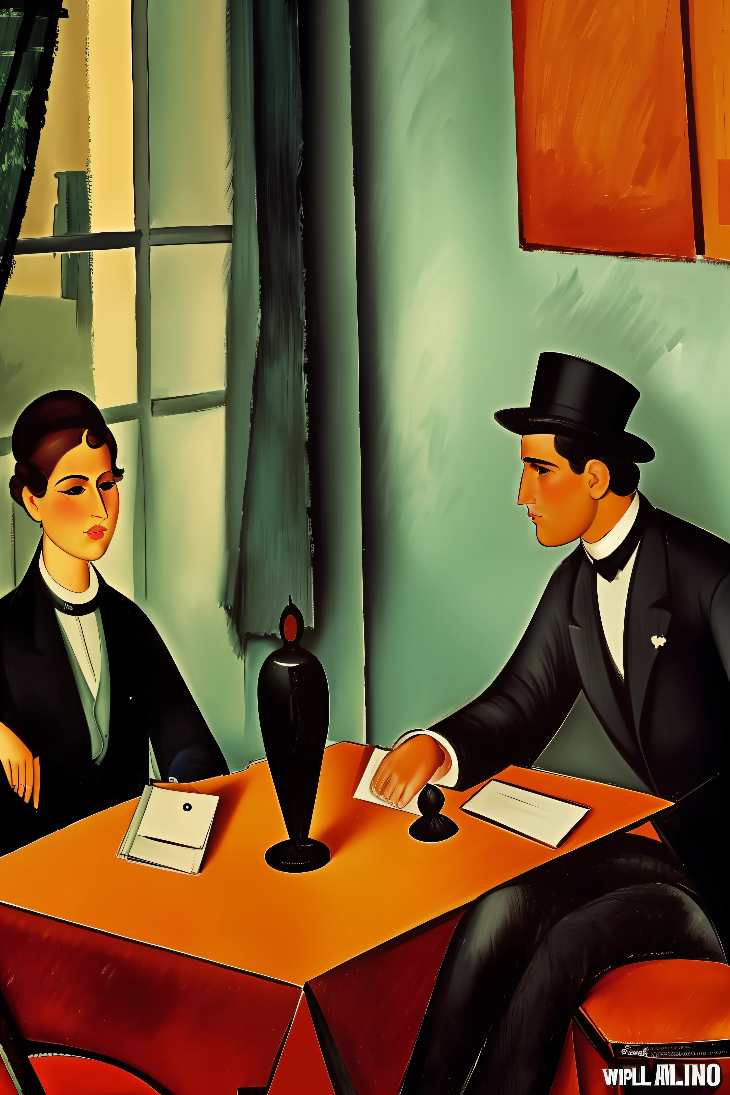 4 characters play cards in a Paris cafe in the early 20th century, los invitados son ((characters from the works of Amedeo Modigliani seated according to the composition of the image to be generated , otros personajes de pie en el fondo o a los lados))cinematography lighting, ultra detallado, Pintura digital, Artstation, arte conceptual, Suave, foco nítido, illustration, (piel alta y detallada:1.2), 8k UHD, DSLR, Soft lighting, alta calidad, Film grain, Fujifilm XT3 mix4 Wildstyle RAW foto,