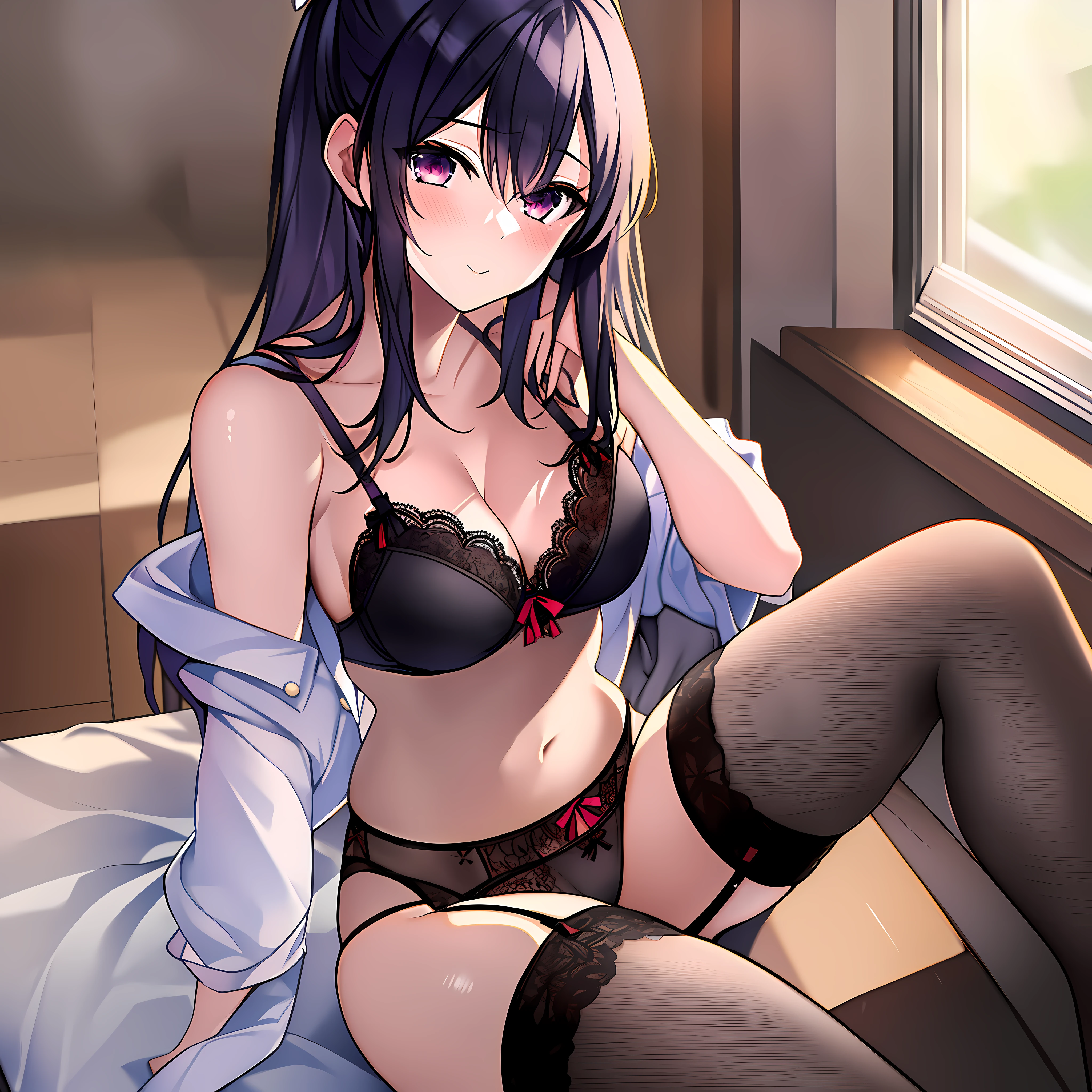 masterpiece,1girl,tohka_yatogami, solo, best quality, black bra, black panties, nsfw, cleavage, lace trim, garter straps, black thighhighs, classroom, sitting, look at viewer, lingerie,