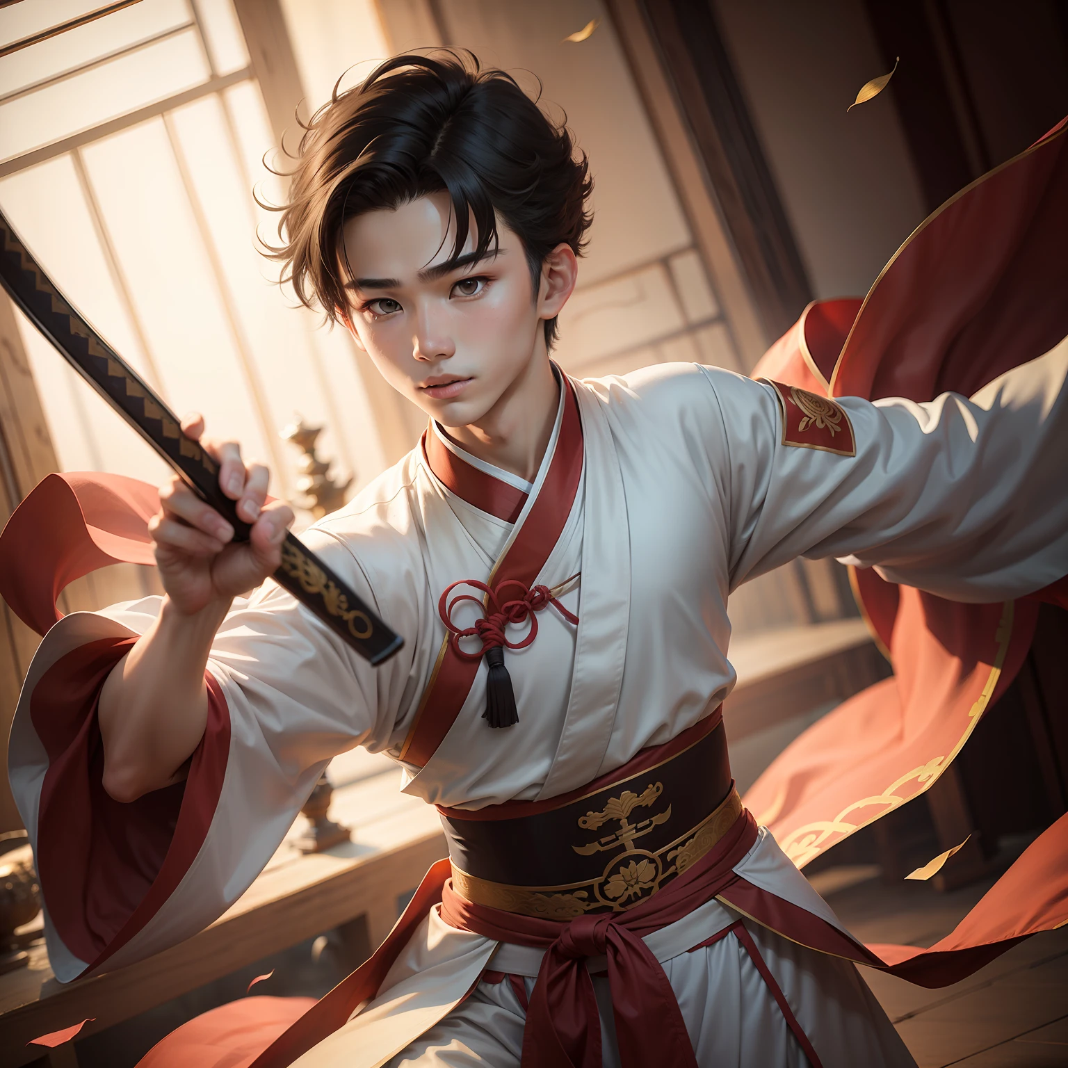 A 18-year-old boy wearing Hanfu dancing with a sword.
