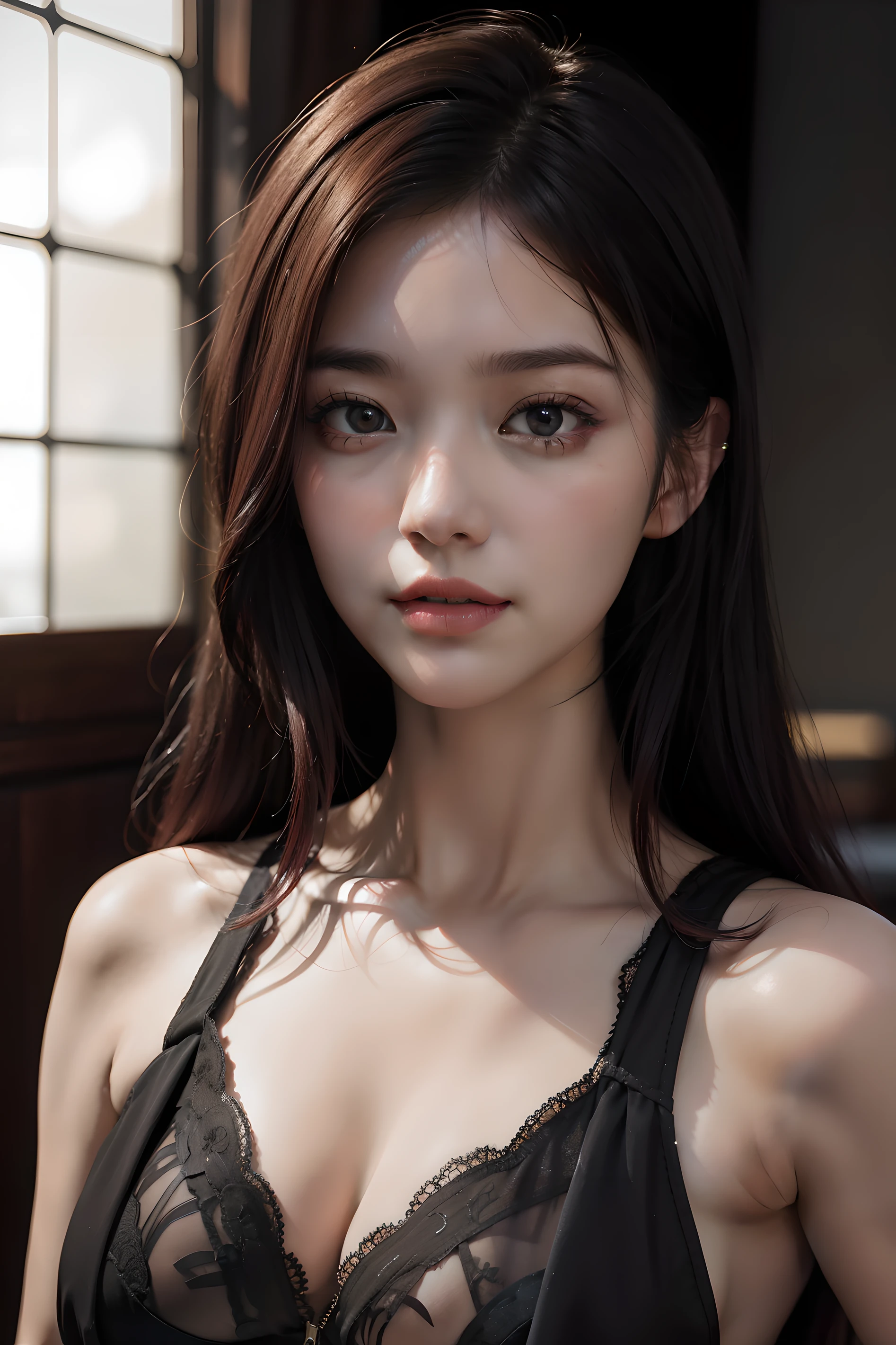 absurderes， 1girll，nakeness， star eye， Be red in the face， （Realistis：1.5）， （tmasterpiece， the Extremely Detailed CG Unity 8K Wallpapers， best qualtiy， A high resolution：1.2）， （ultra_detailed， UHD：1.2）， （pix：1.3）， lighting perfect， distinctive， （a beauty girl：1.2）， looking at viewert， unreal-engine， Sideslit， s the perfect face， 详细的脸， beautidful eyes， Nice face， （Bright Skin：1.3）， idoly， （Abs）， ulzzang-6500-v1.1， softl smile， The upper part of the body， （dark red colored hair）， （simplebackground）， （（deep dark background））， （depth of fields）， closeup cleavage， self-shot