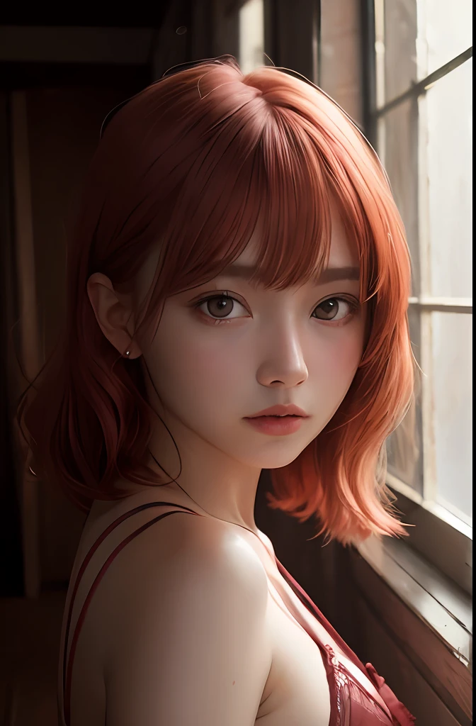 1girl, star eye, blush, perfect lighting, red hair, red eyes, side lighting, Detailed face, bangs, inside a house, realist
