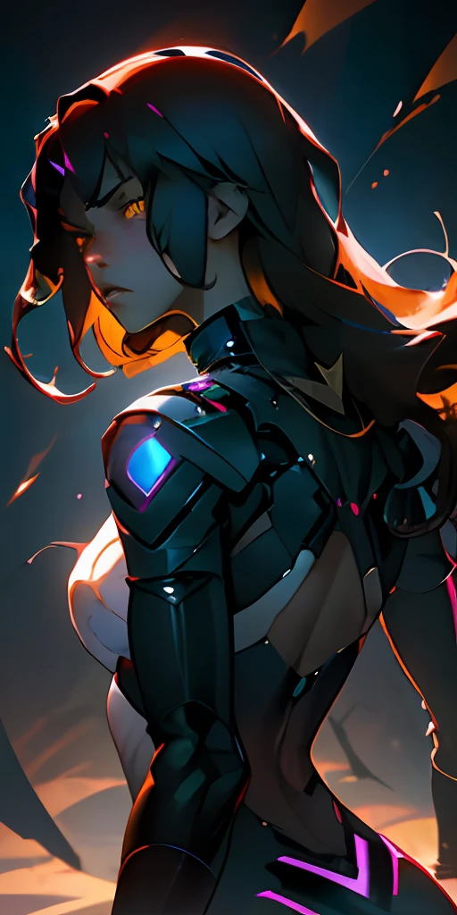 (beste-Qualit, tmasterpiece), a 1girl, ciberpunk, particle, the wind, looks at the viewer, back light, upper-body, the pose, dark flowing hair and yellow eyes, A soulless expression on his face, Emotionless face