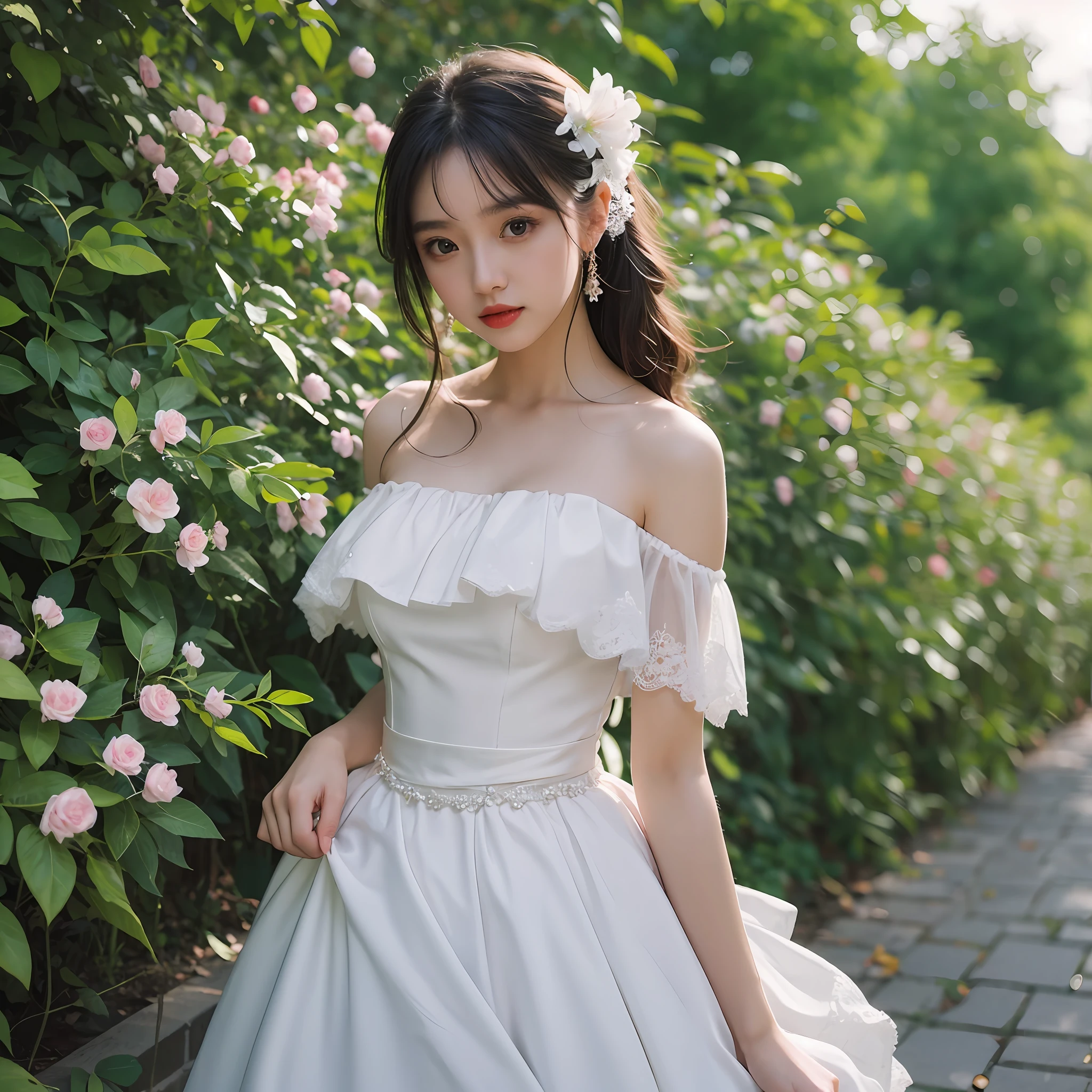 Beautiful 22 year old young lady perfect height ratio wearing white wedding dress tight dress off-the-shoulder waist ribbon