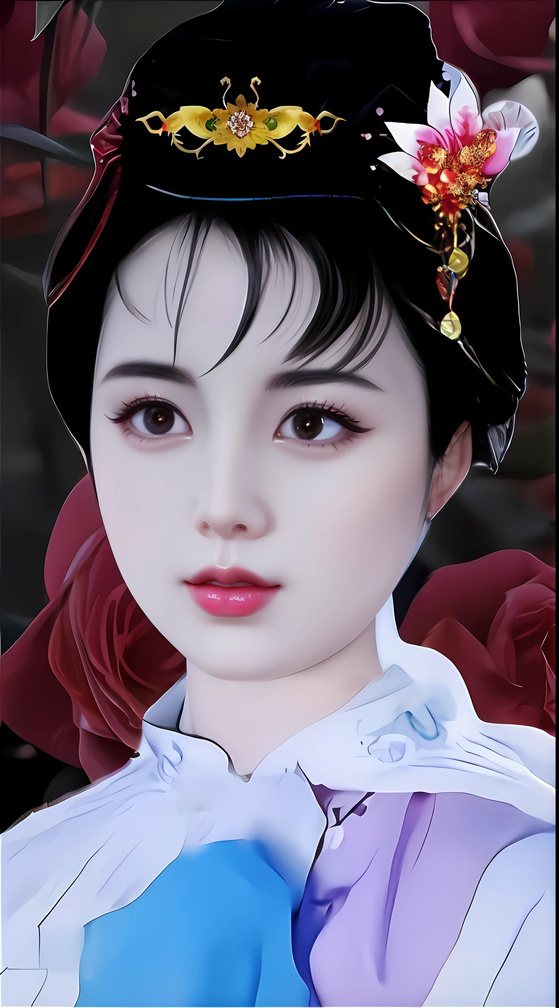 a close up of a woman with a flower in her hair, detailed face of a asian girl, Chinese woman, digital art of an elegant, Chinese girl, China Princess, Beautiful character painting, digital art picture, Red lip detail face, ancient chinese beauti, portrait of mulan, elegant digital painting, Beautiful digital artwork, inspired by Jin Nong