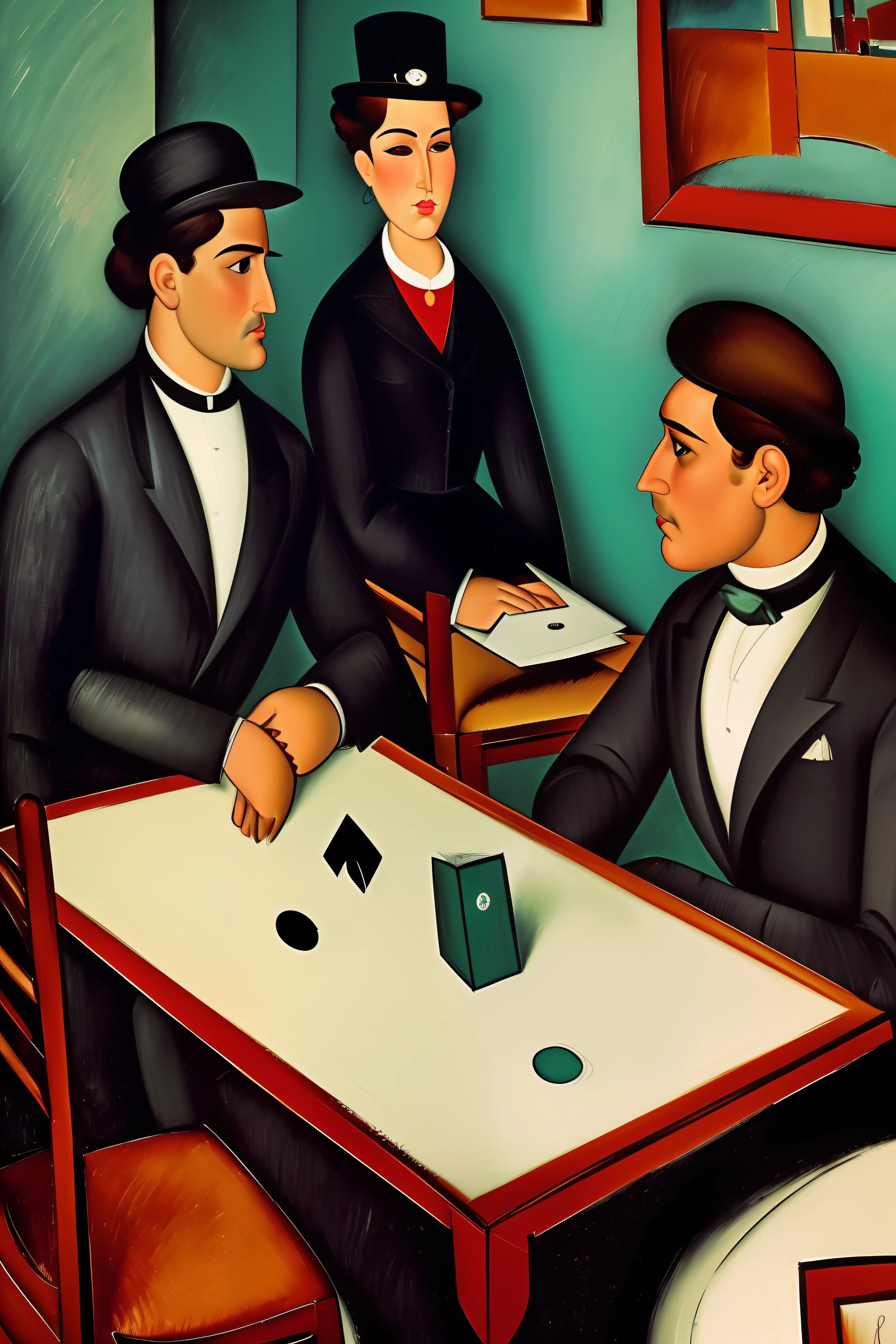 4 characters play cards in a Paris cafe in the early 20th century, los invitados son ((characters from the works of Amedeo Modigliani seated according to the composition of the image to be generated , otros personajes de pie en el fondo o a los lados))cinematography lighting, ultra detallado, Pintura digital, Artstation, arte conceptual, Suave, foco nítido, illustration, (piel alta y detallada:1.2), 8k UHD, DSLR, Soft lighting, alta calidad, Film grain, Fujifilm XT3 mix4 Wildstyle RAW foto,