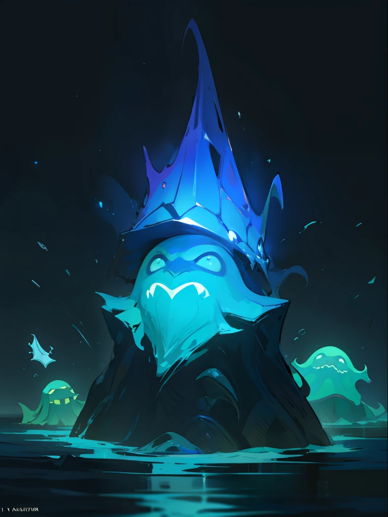 best qualtiy,tmasterpiece,Need,((Water attribute Ocean Cthulhu creatures)),flash lights,guarding,supporting,Hearthstone painting style,Funny expressions,Complex structures,Marine color scheme,Non-human(Metal quantity 1.2),Flattening(1.4),Textured,Dark simple background